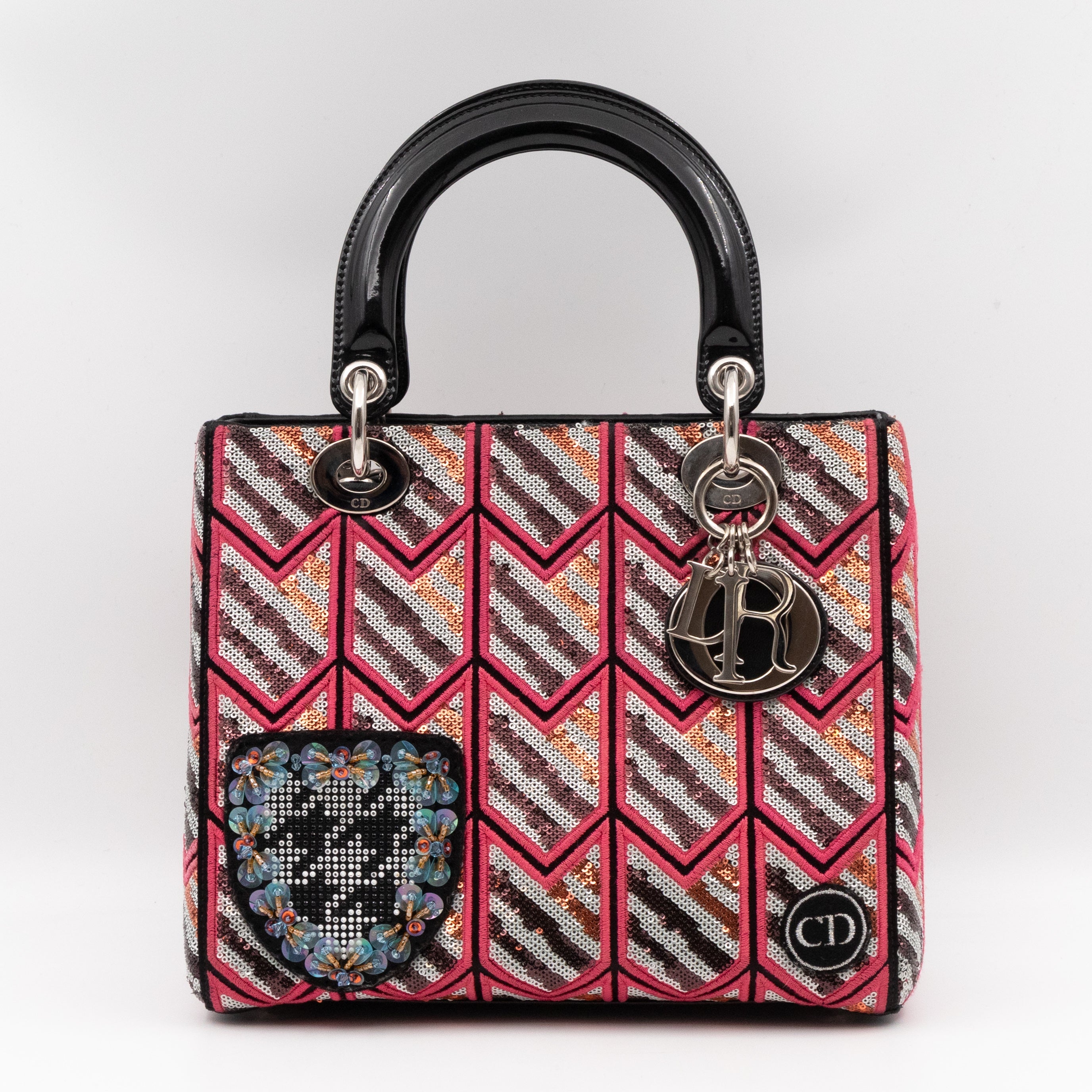 Lady Dior Medium Sequins Pink Black Patent Leather