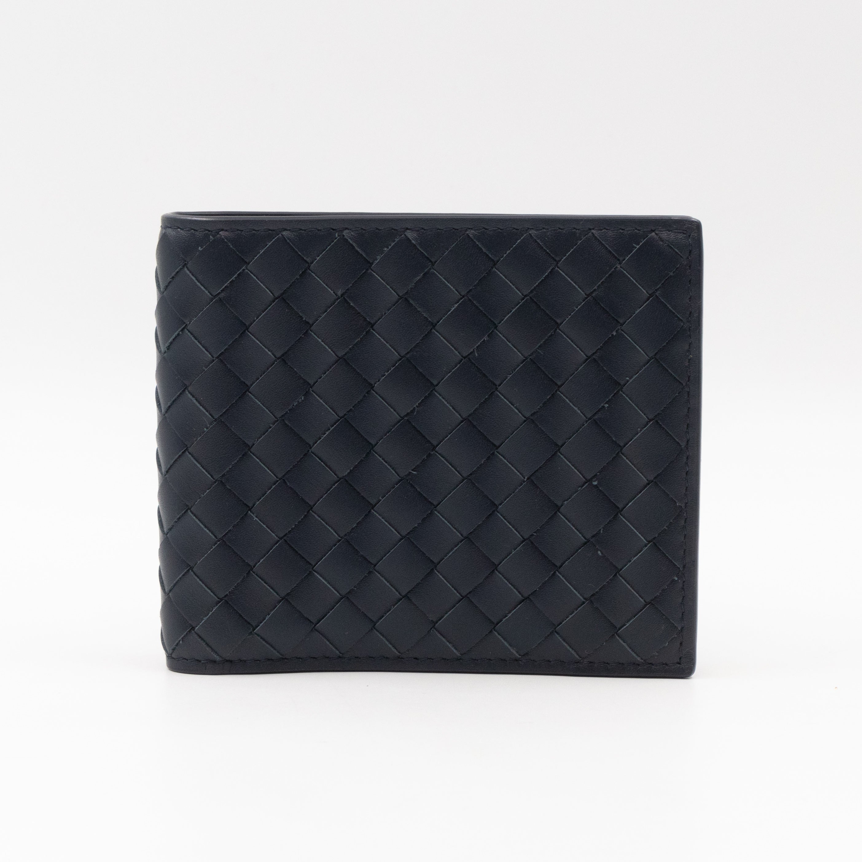 Classic Bifold Wallet Navy Blue Intrecciato Leather