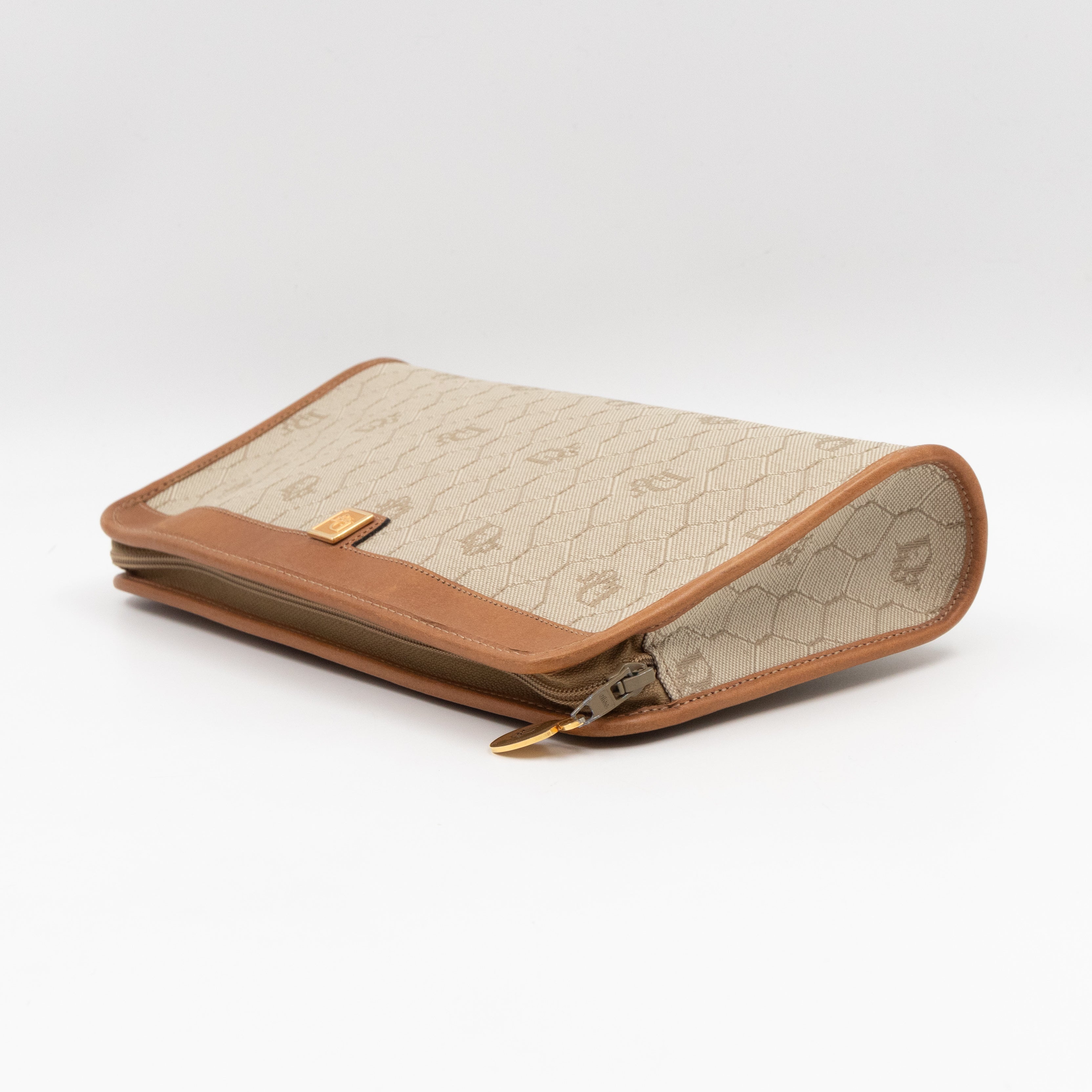 Vintage Small Cosmetic Case Honeycomb Canvas Tan Leather