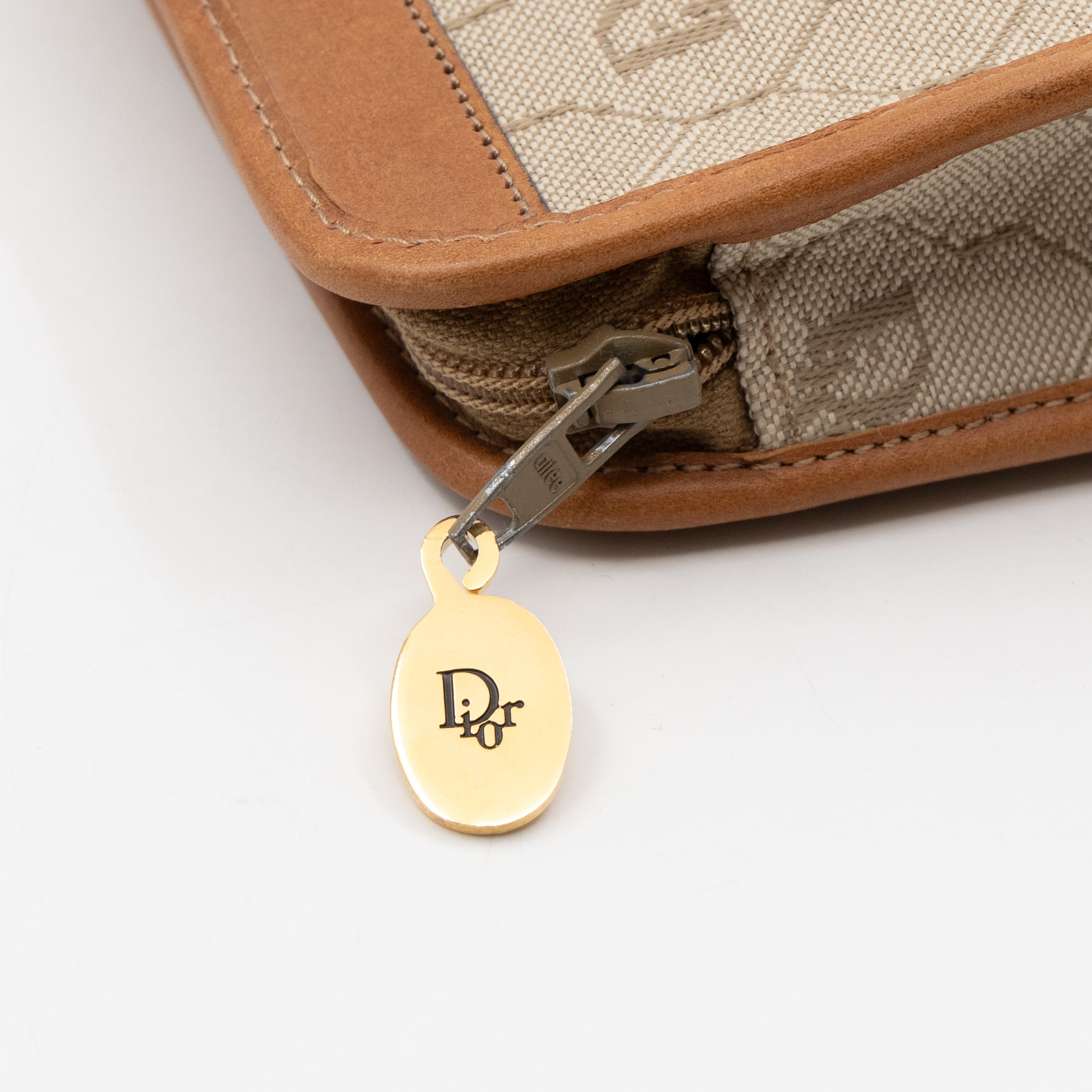 Vintage Small Cosmetic Case Honeycomb Canvas Tan Leather