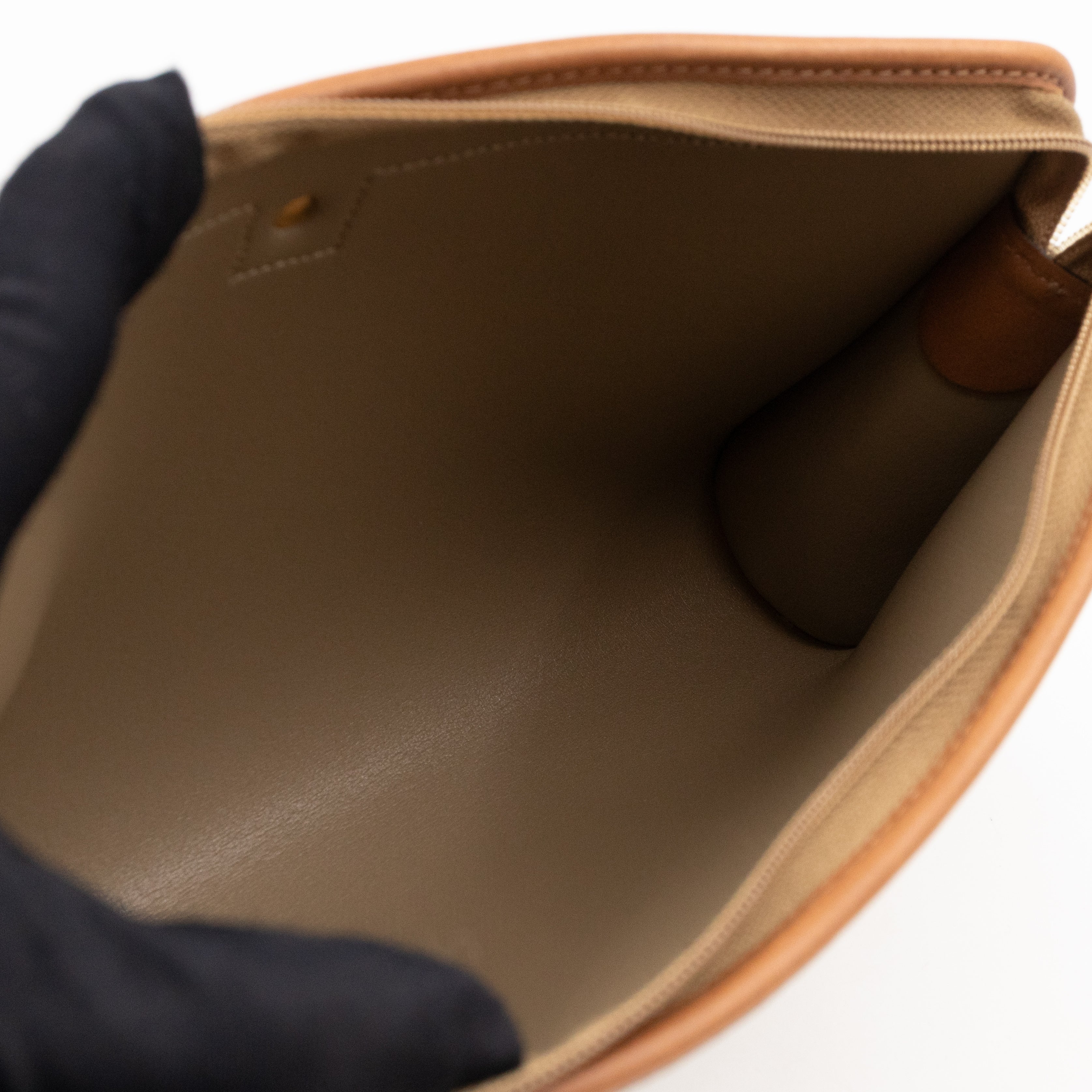 Vintage Small Cosmetic Case Honeycomb Canvas Tan Leather