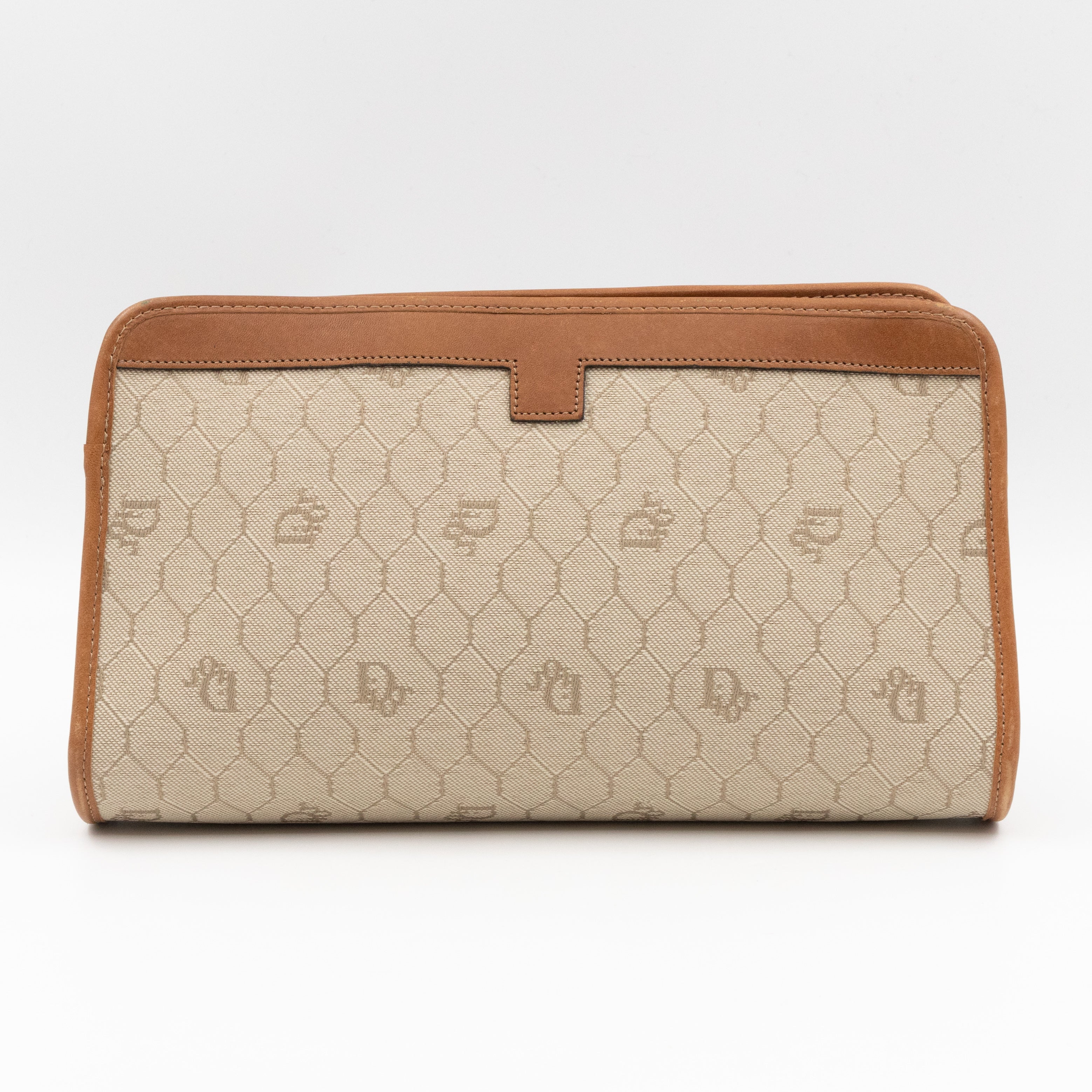 Vintage Small Cosmetic Case Honeycomb Canvas Tan Leather