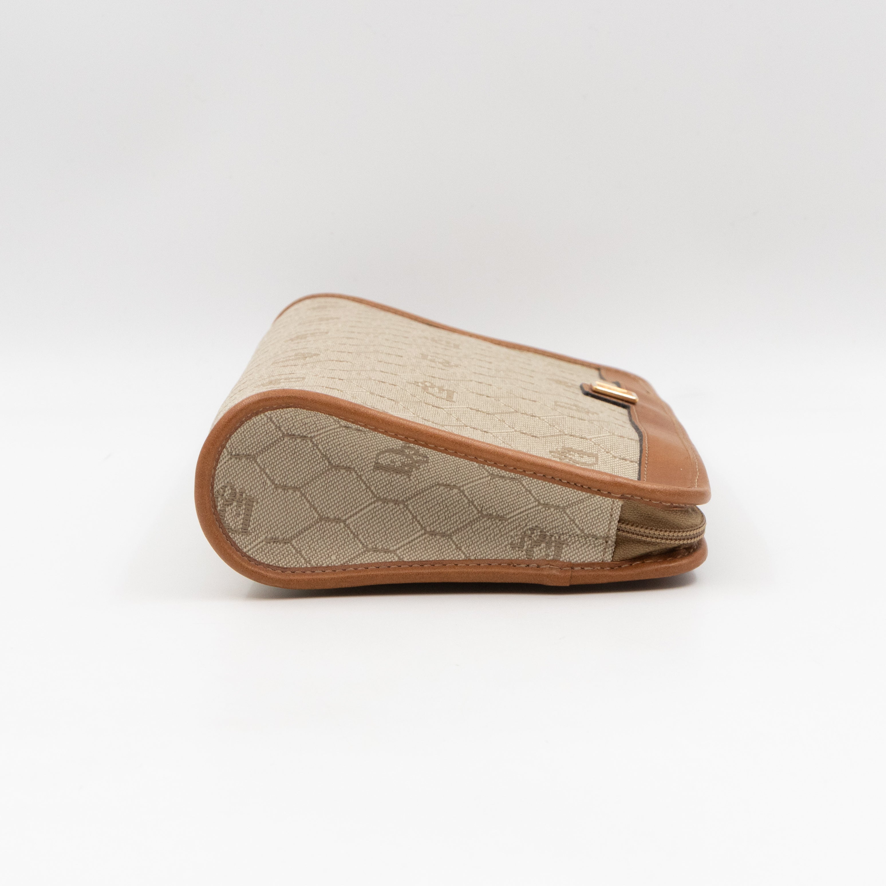 Vintage Small Cosmetic Case Honeycomb Canvas Tan Leather