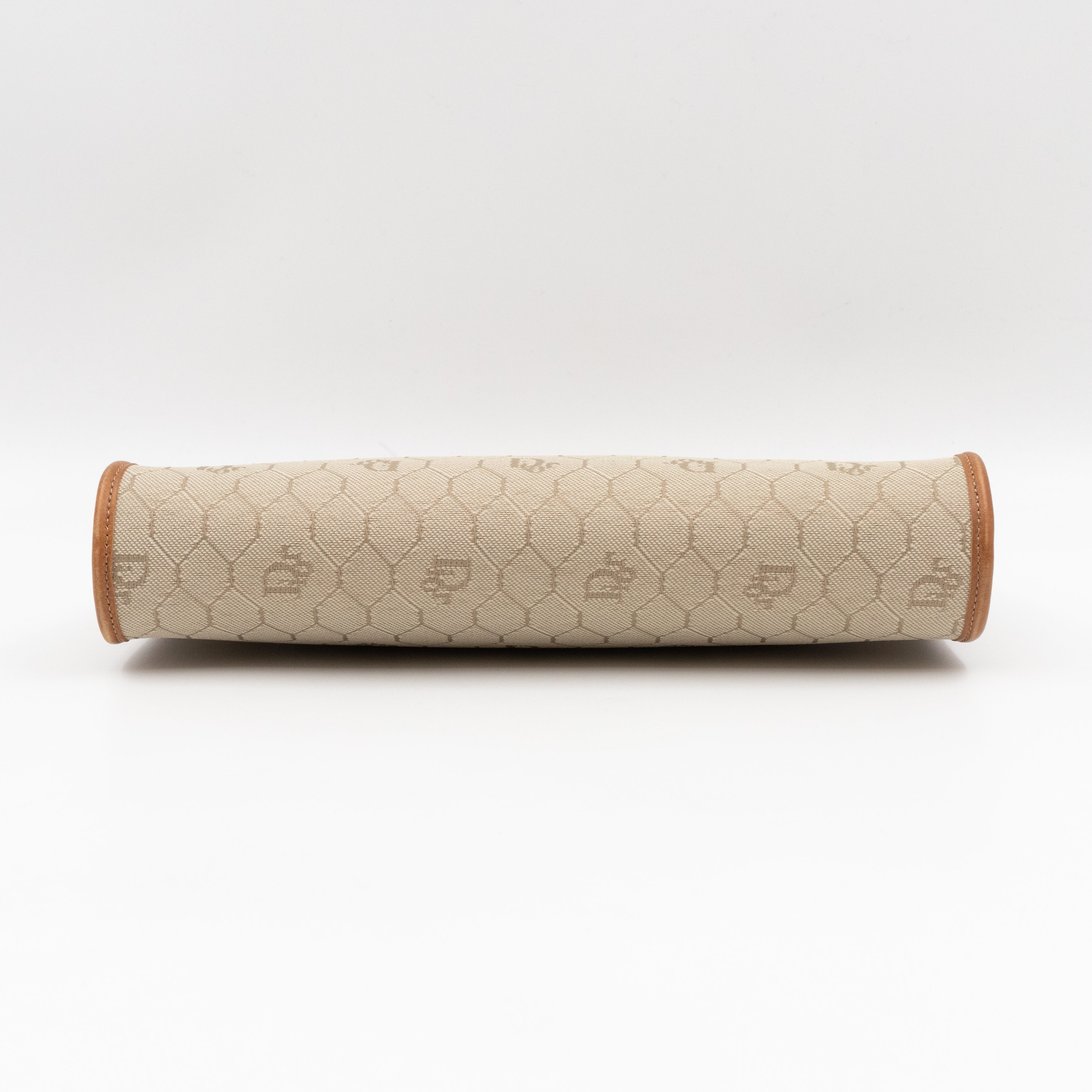 Vintage Small Cosmetic Case Honeycomb Canvas Tan Leather