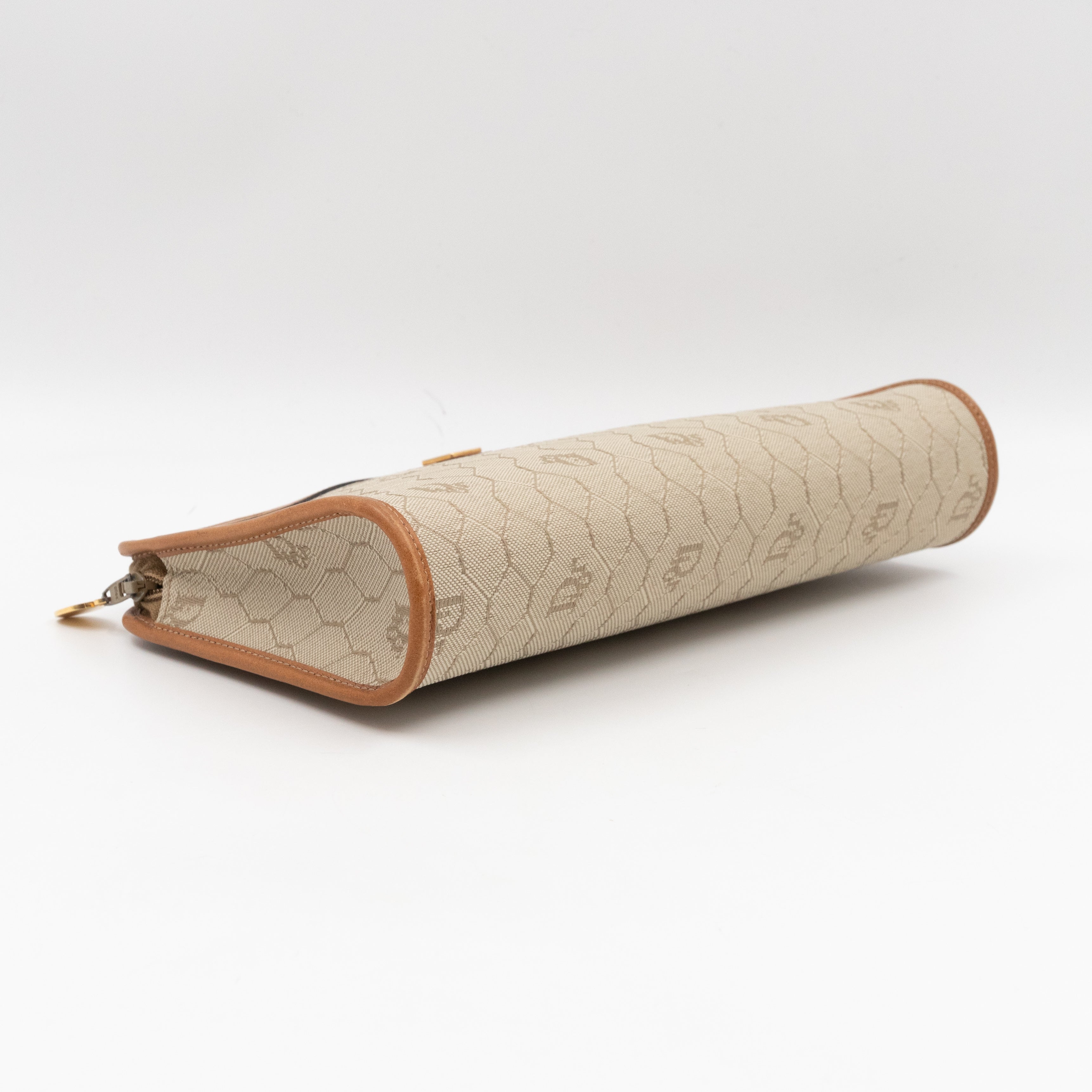 Vintage Small Cosmetic Case Honeycomb Canvas Tan Leather