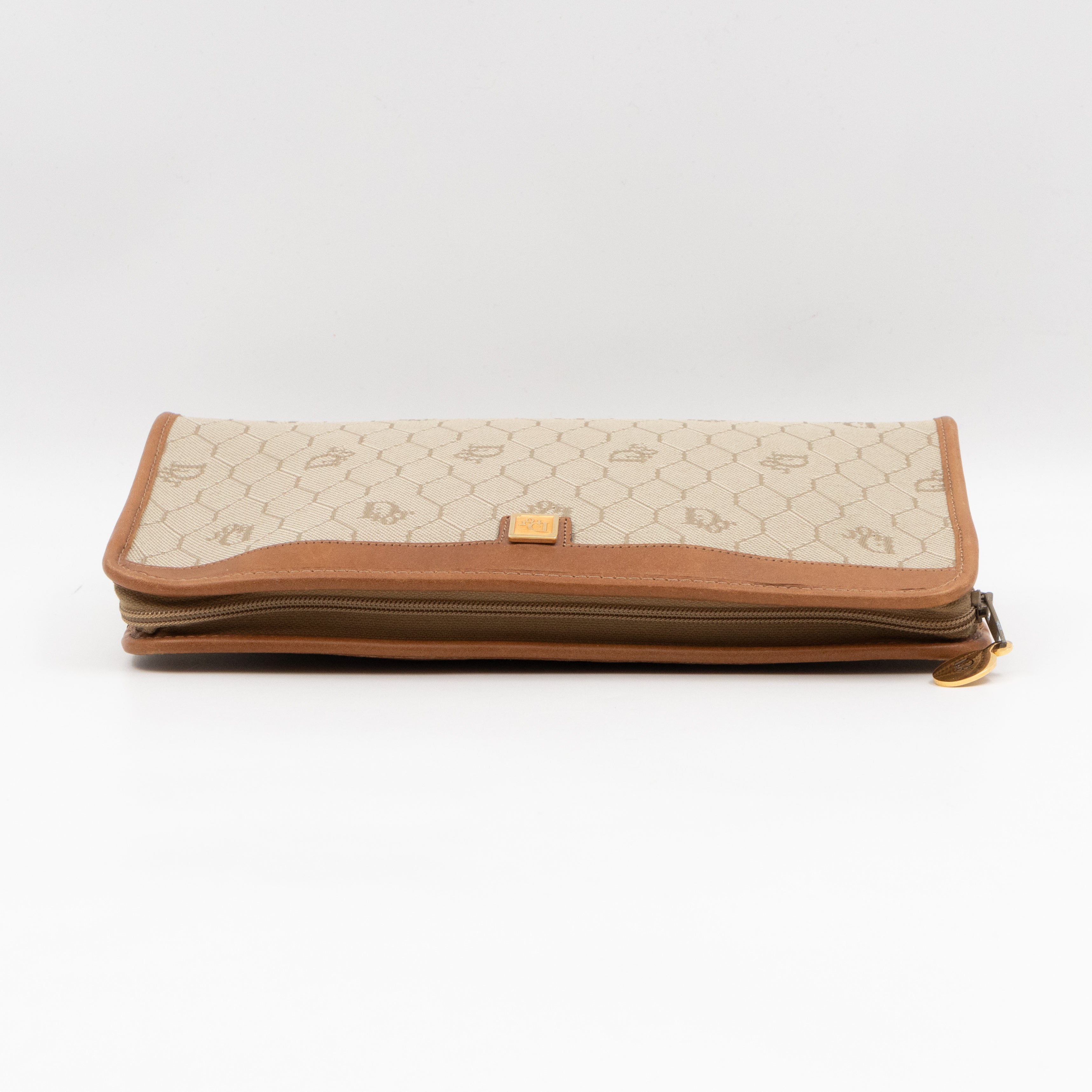 Vintage Small Cosmetic Case Honeycomb Canvas Tan Leather