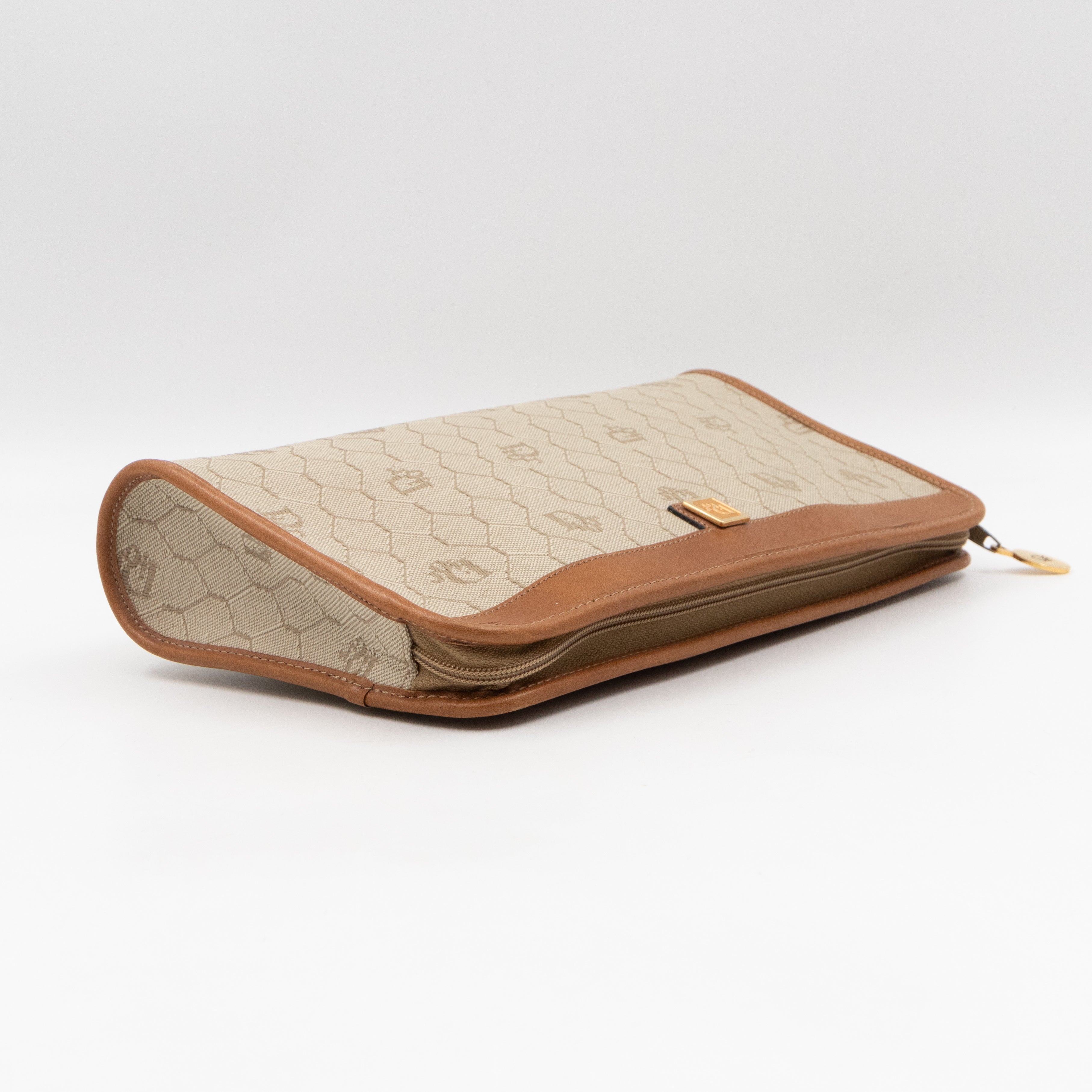 Vintage Small Cosmetic Case Honeycomb Canvas Tan Leather