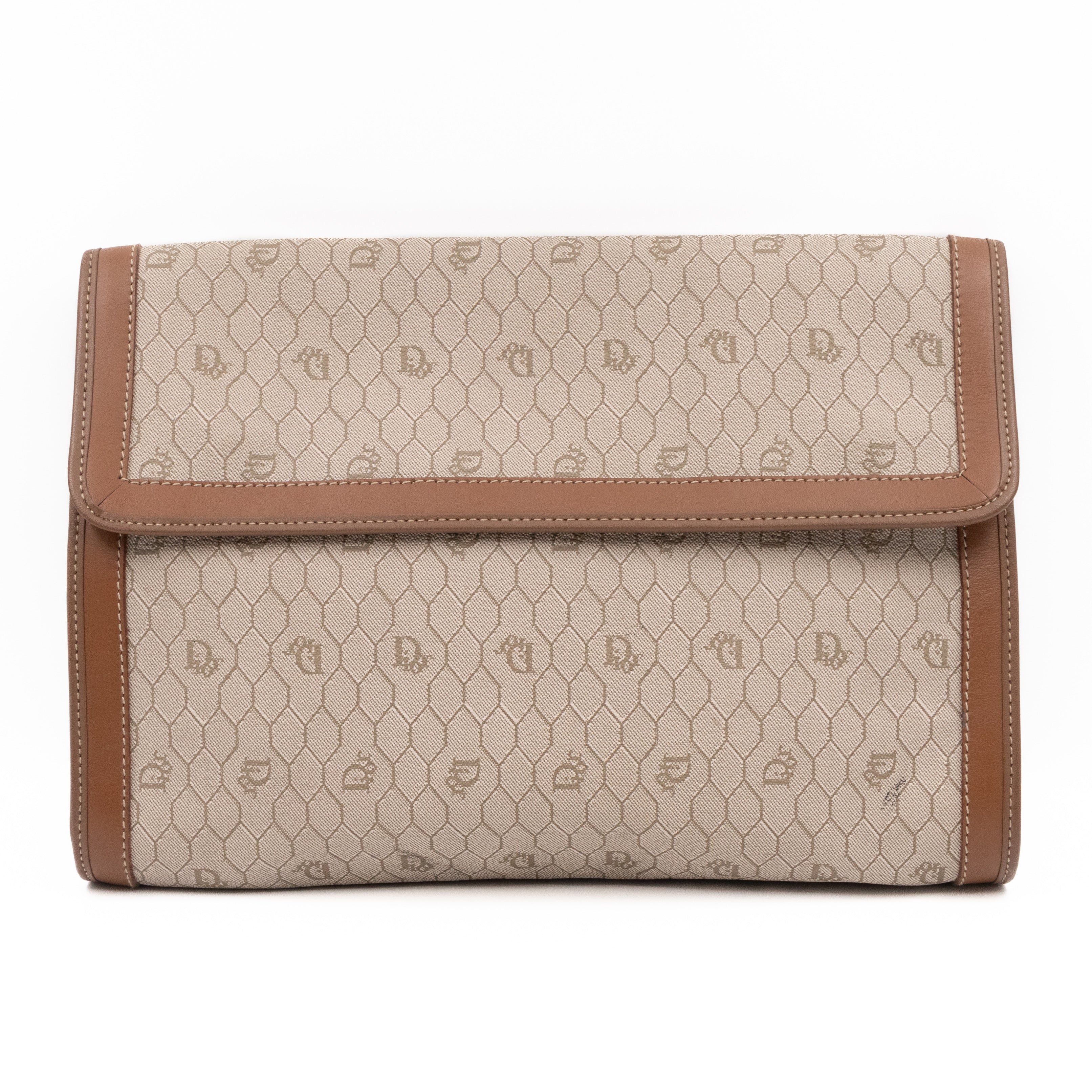 Vintage Large Flap Clutch Honeycomb PVC Canvas Tan Leather