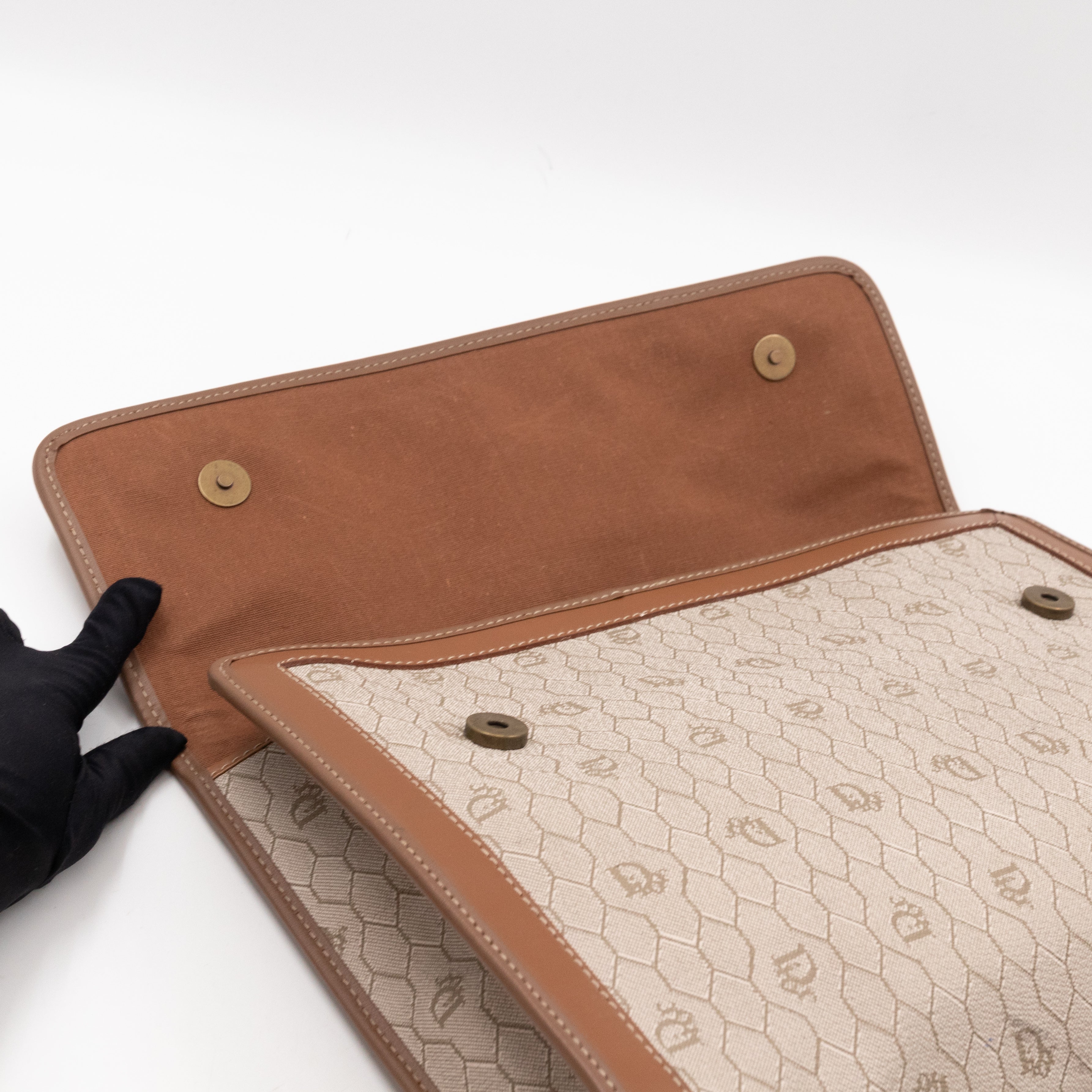 Vintage Large Flap Clutch Honeycomb PVC Canvas Tan Leather