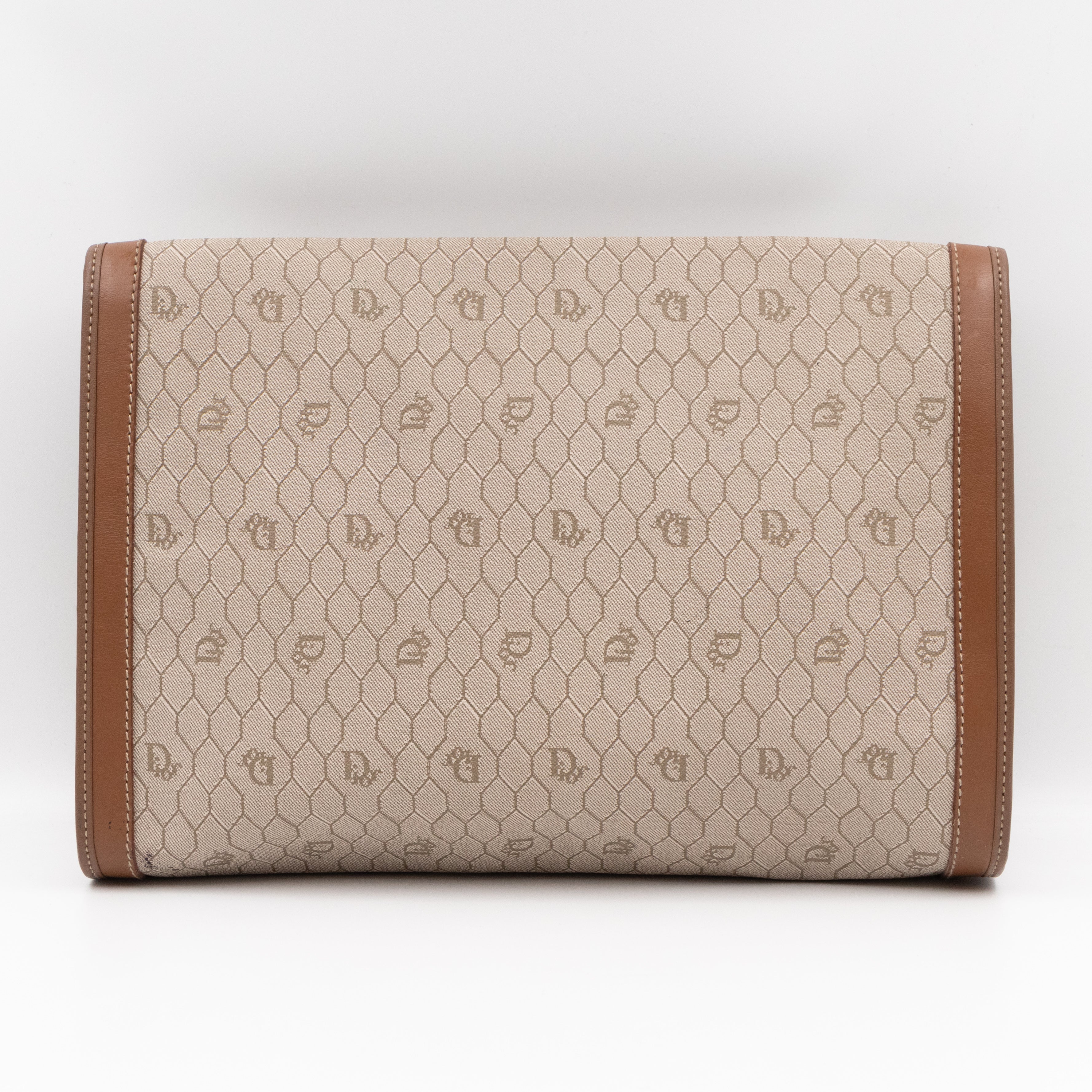 Vintage Large Flap Clutch Honeycomb PVC Canvas Tan Leather