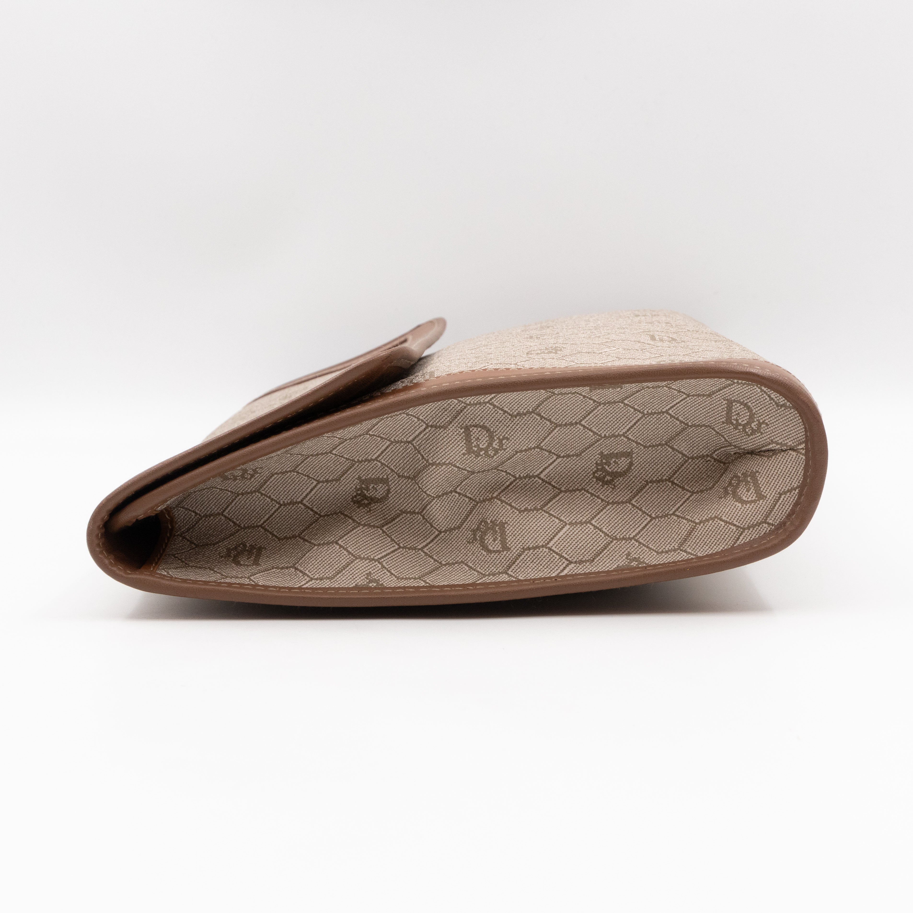 Vintage Large Flap Clutch Honeycomb PVC Canvas Tan Leather