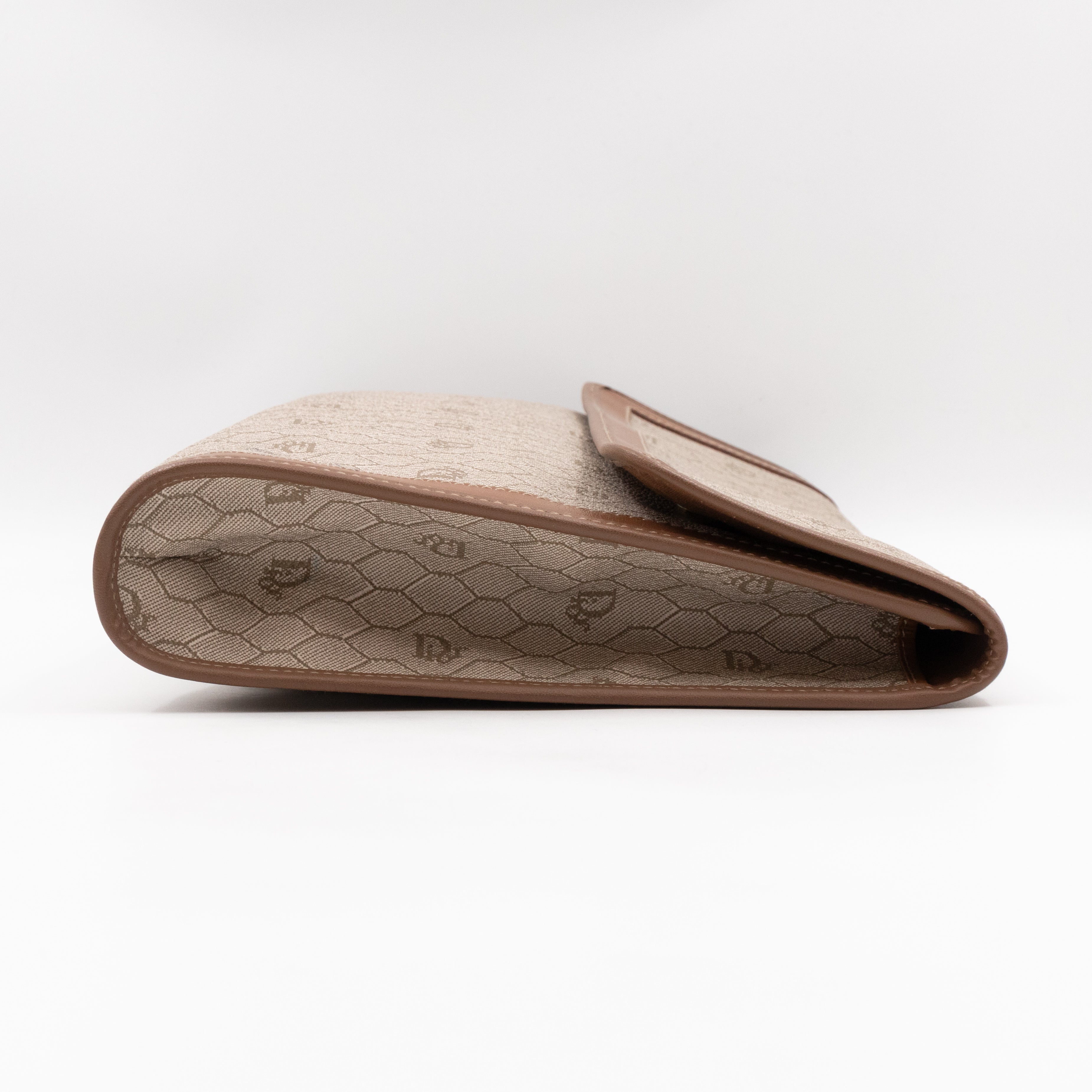 Vintage Large Flap Clutch Honeycomb PVC Canvas Tan Leather