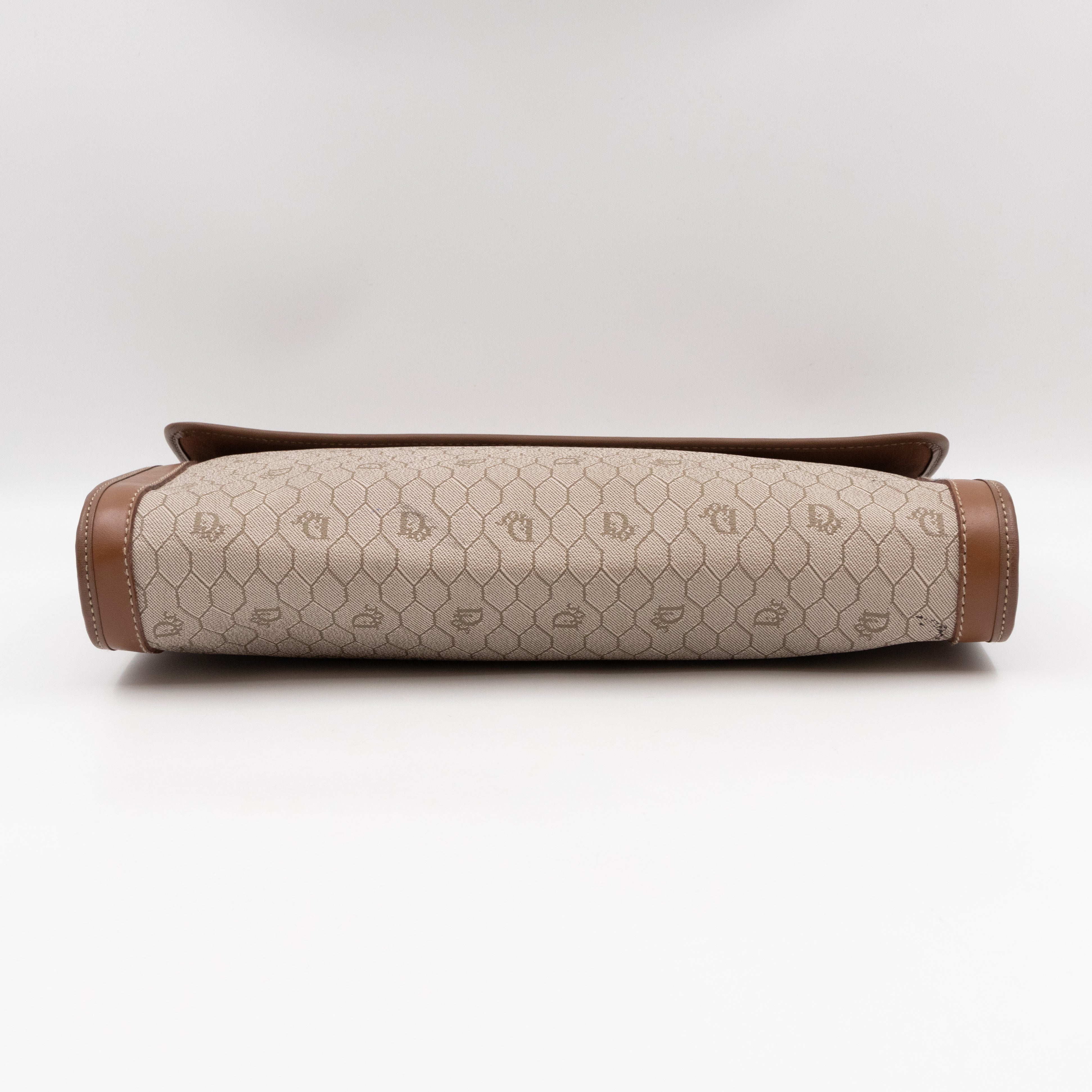 Vintage Large Flap Clutch Honeycomb PVC Canvas Tan Leather