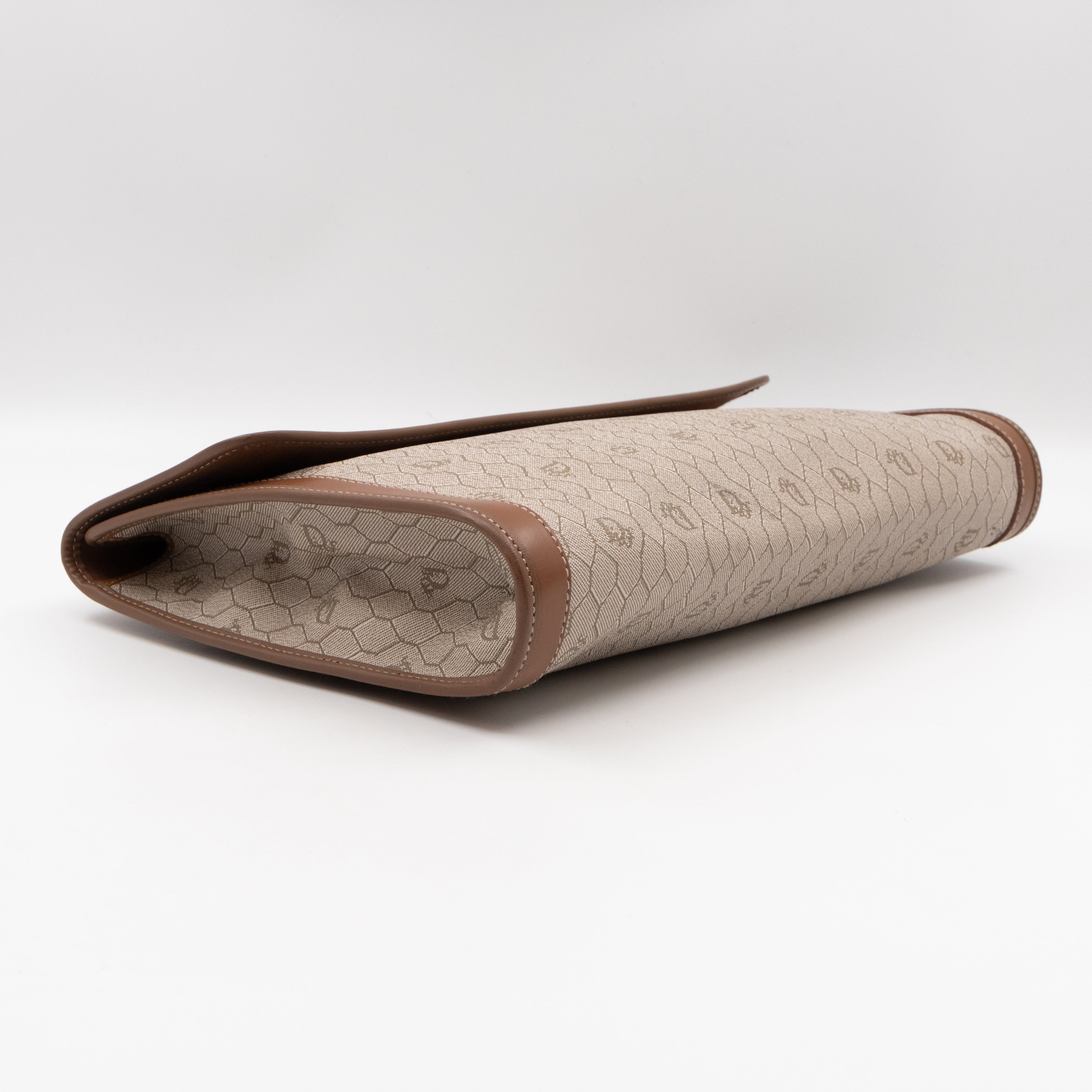 Vintage Large Flap Clutch Honeycomb PVC Canvas Tan Leather