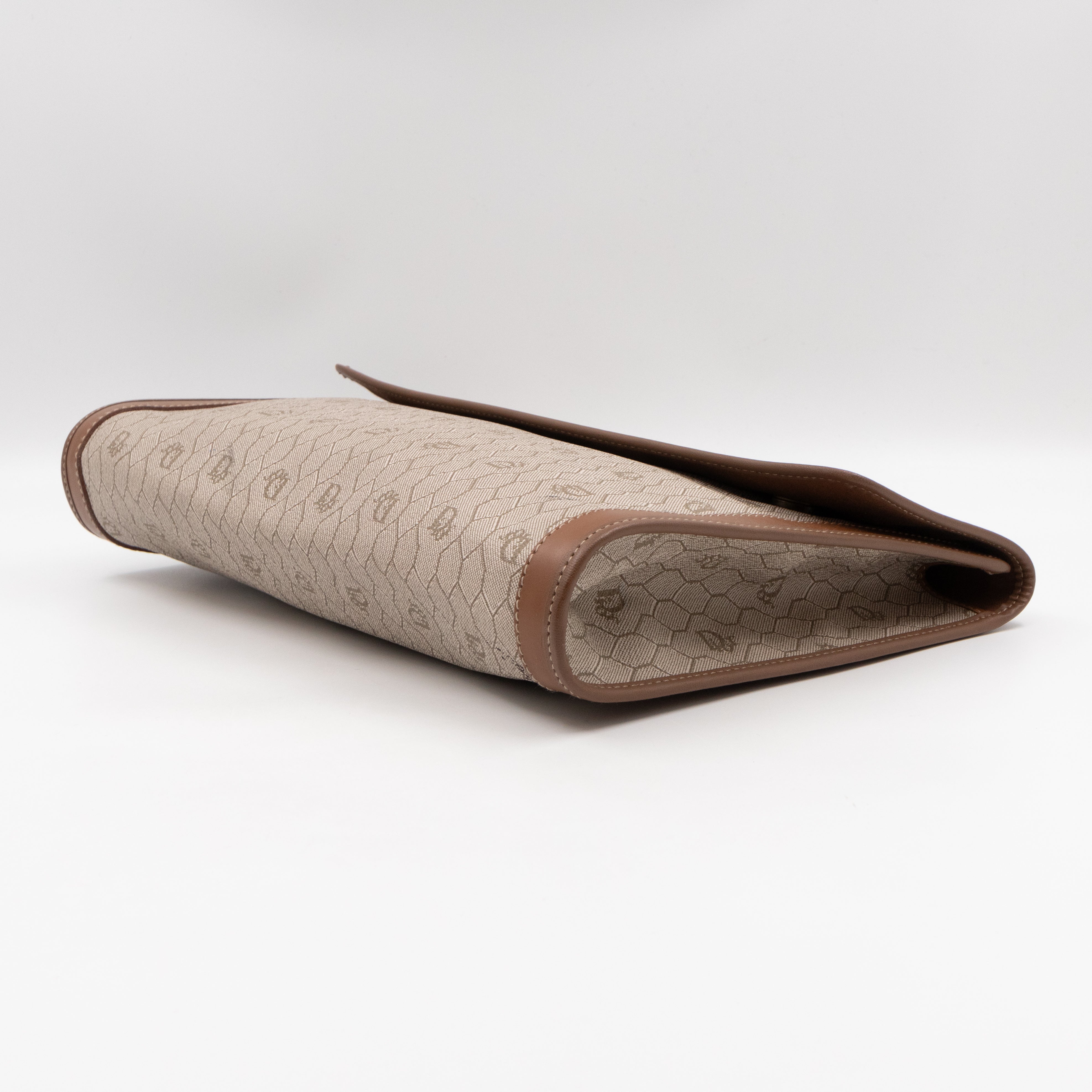 Vintage Large Flap Clutch Honeycomb PVC Canvas Tan Leather