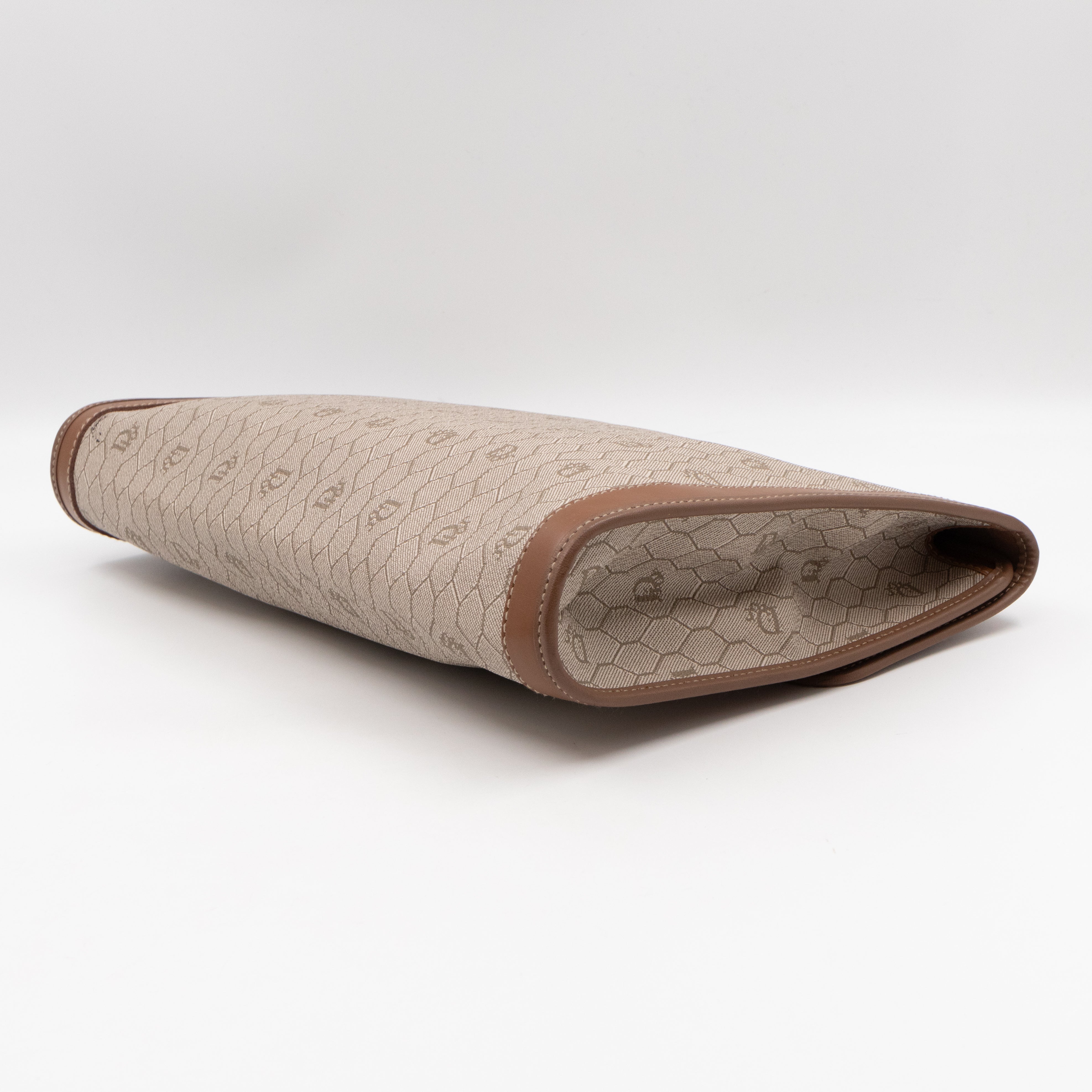 Vintage Large Flap Clutch Honeycomb PVC Canvas Tan Leather