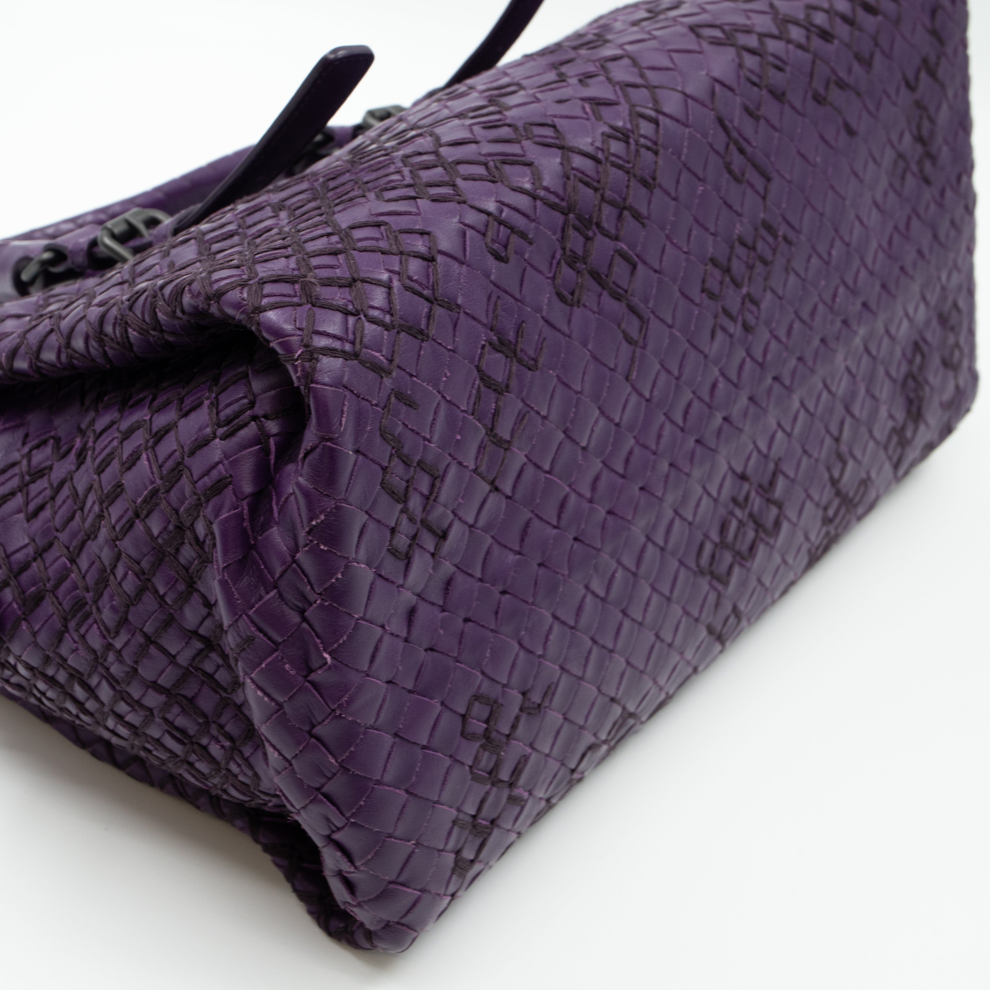 Intrecciato Boston Bag Purple Stitched Leather