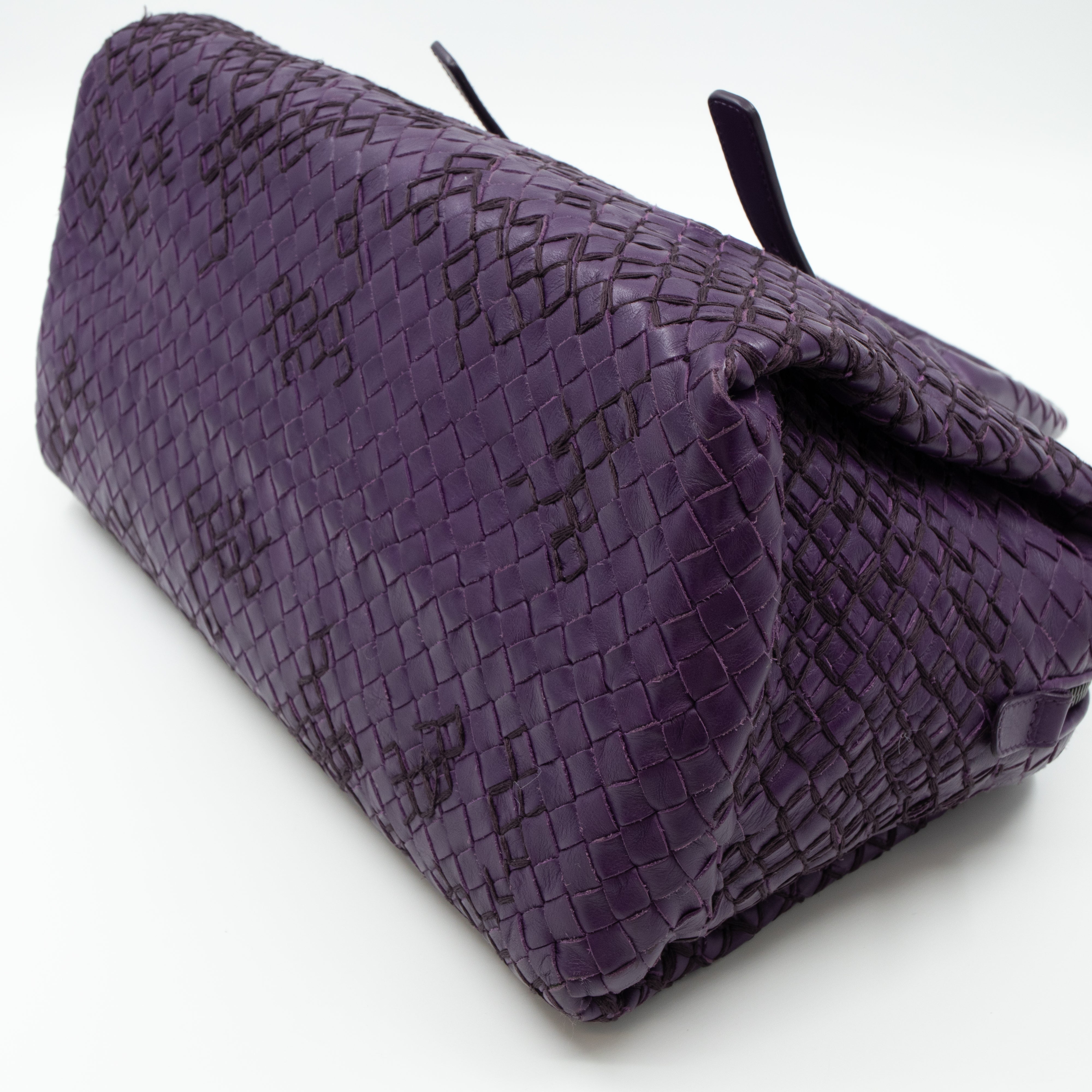 Intrecciato Boston Bag Purple Stitched Leather