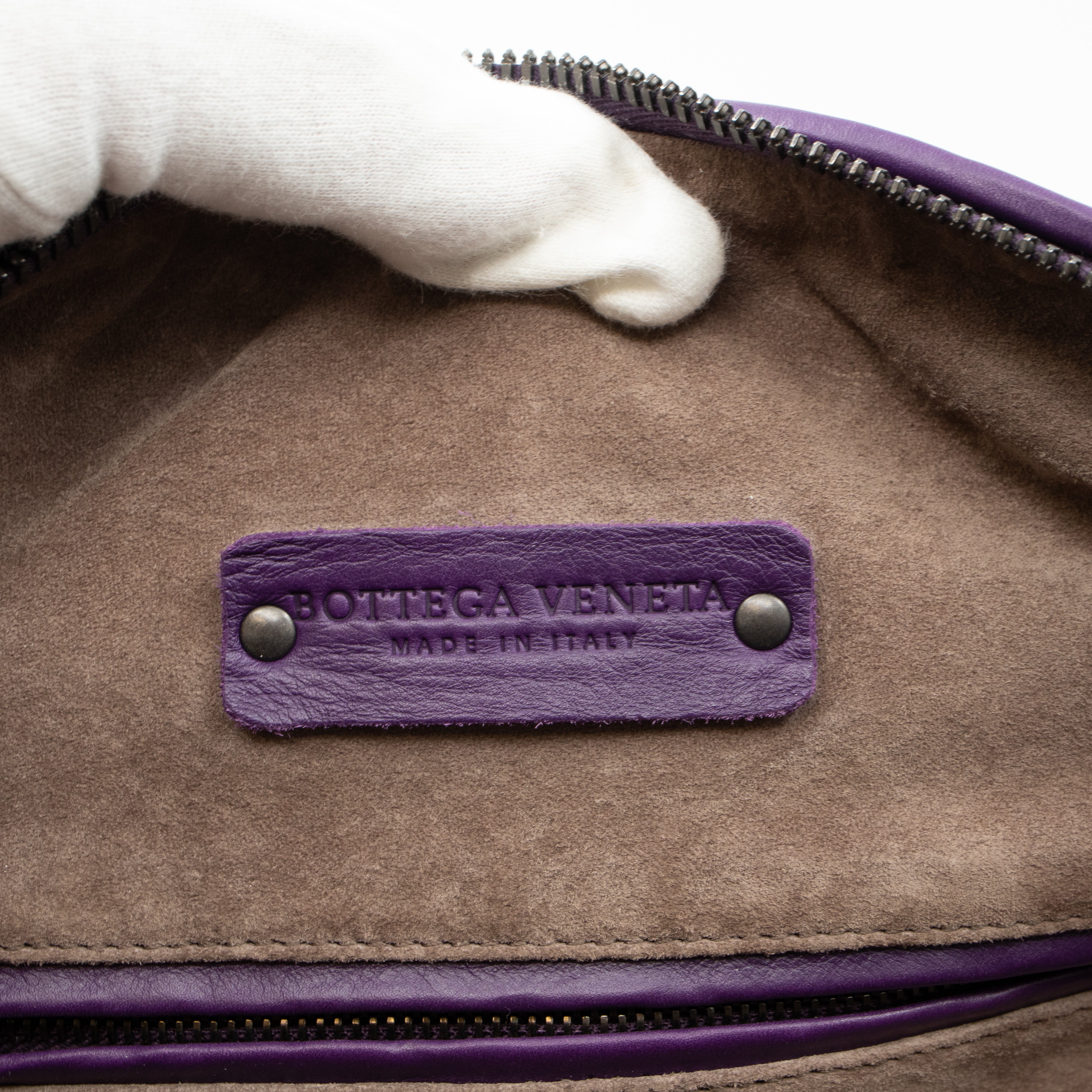 Intrecciato Boston Bag Purple Stitched Leather