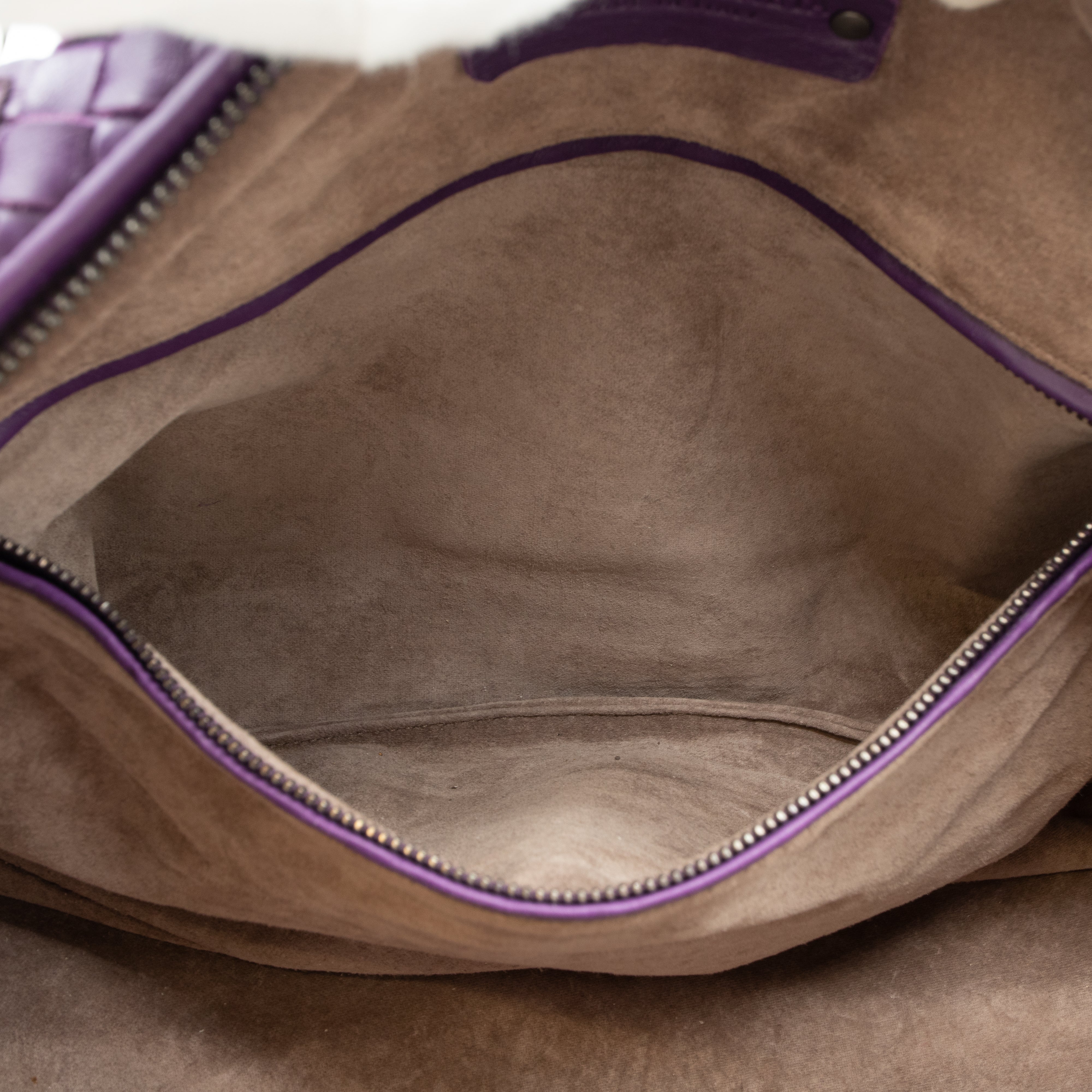 Intrecciato Boston Bag Purple Stitched Leather