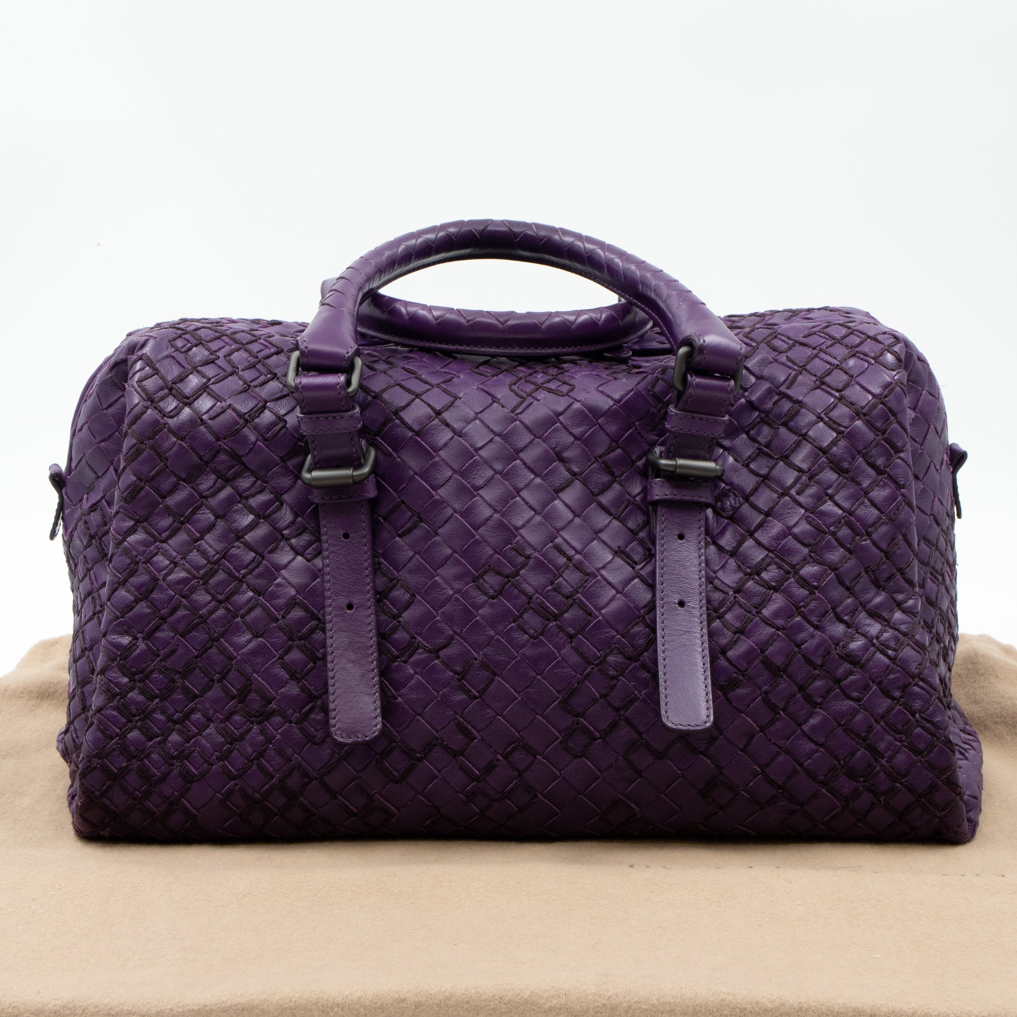 Intrecciato Boston Bag Purple Stitched Leather