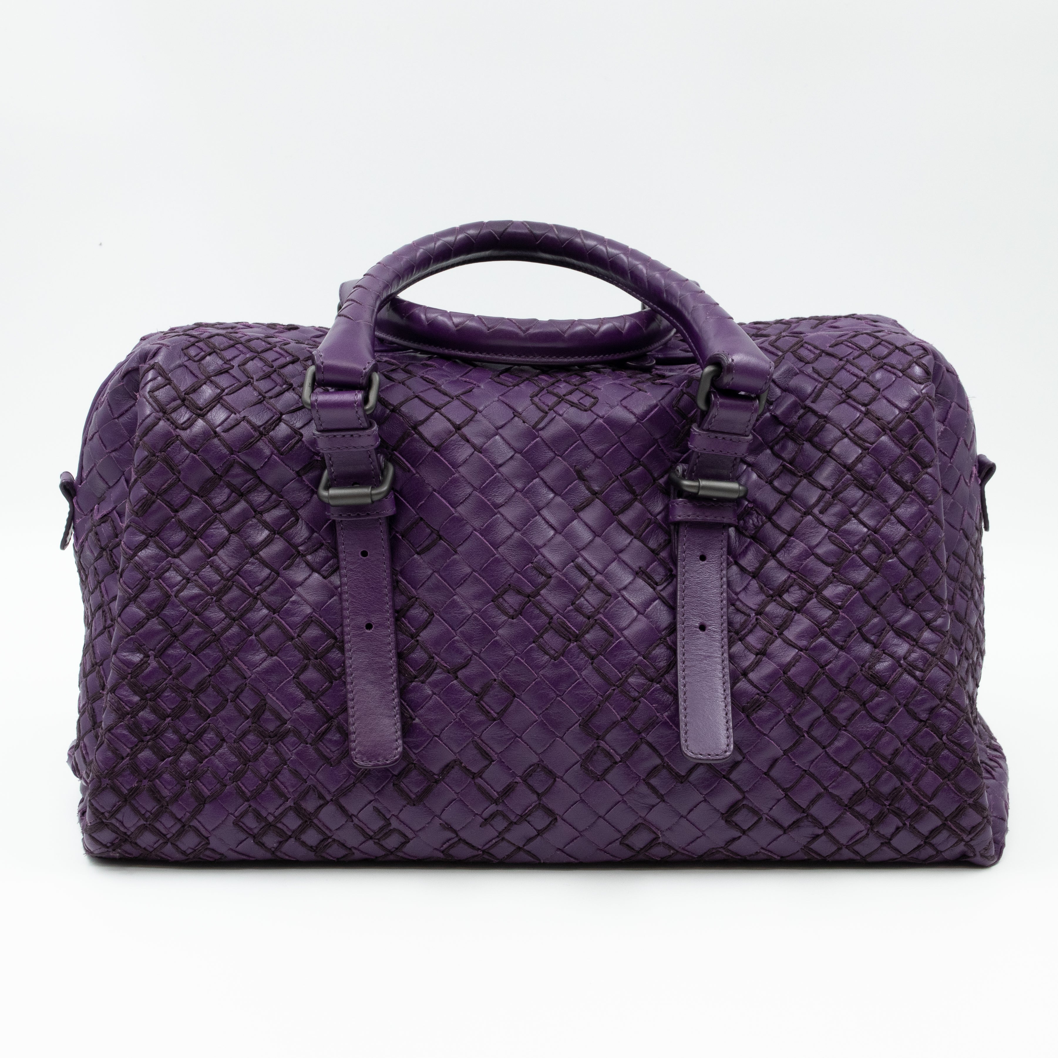 Intrecciato Boston Bag Purple Stitched Leather