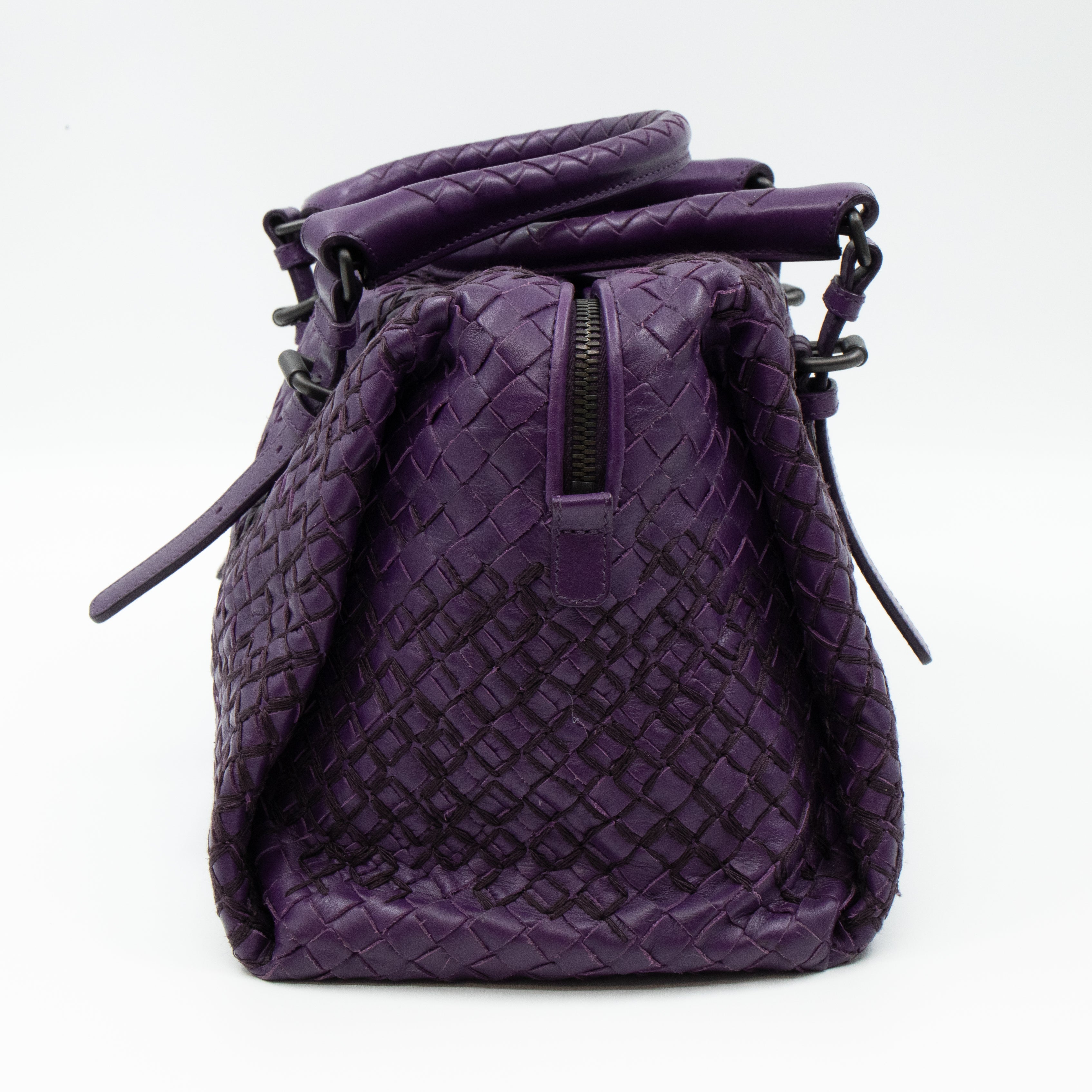 Intrecciato Boston Bag Purple Stitched Leather