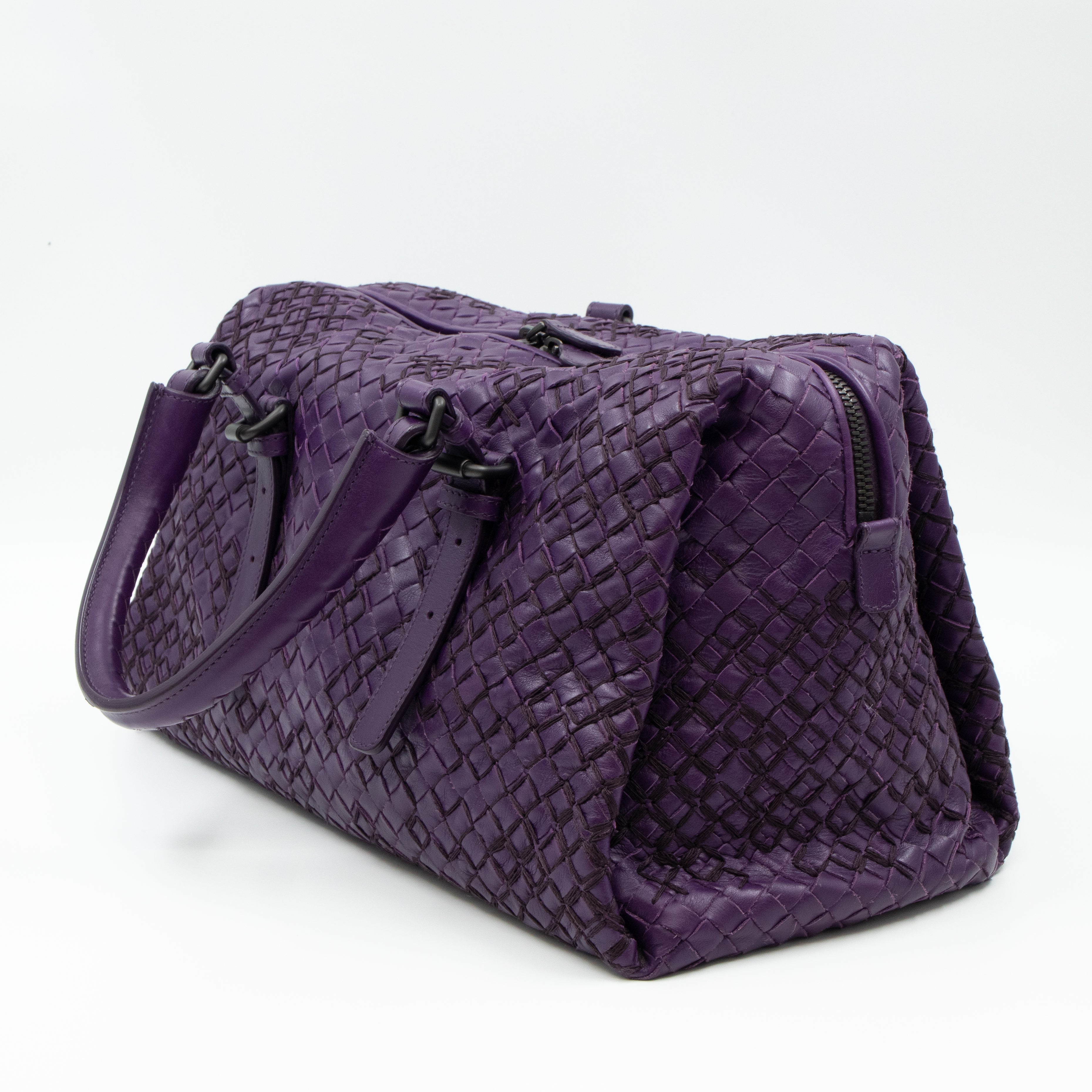 Intrecciato Boston Bag Purple Stitched Leather