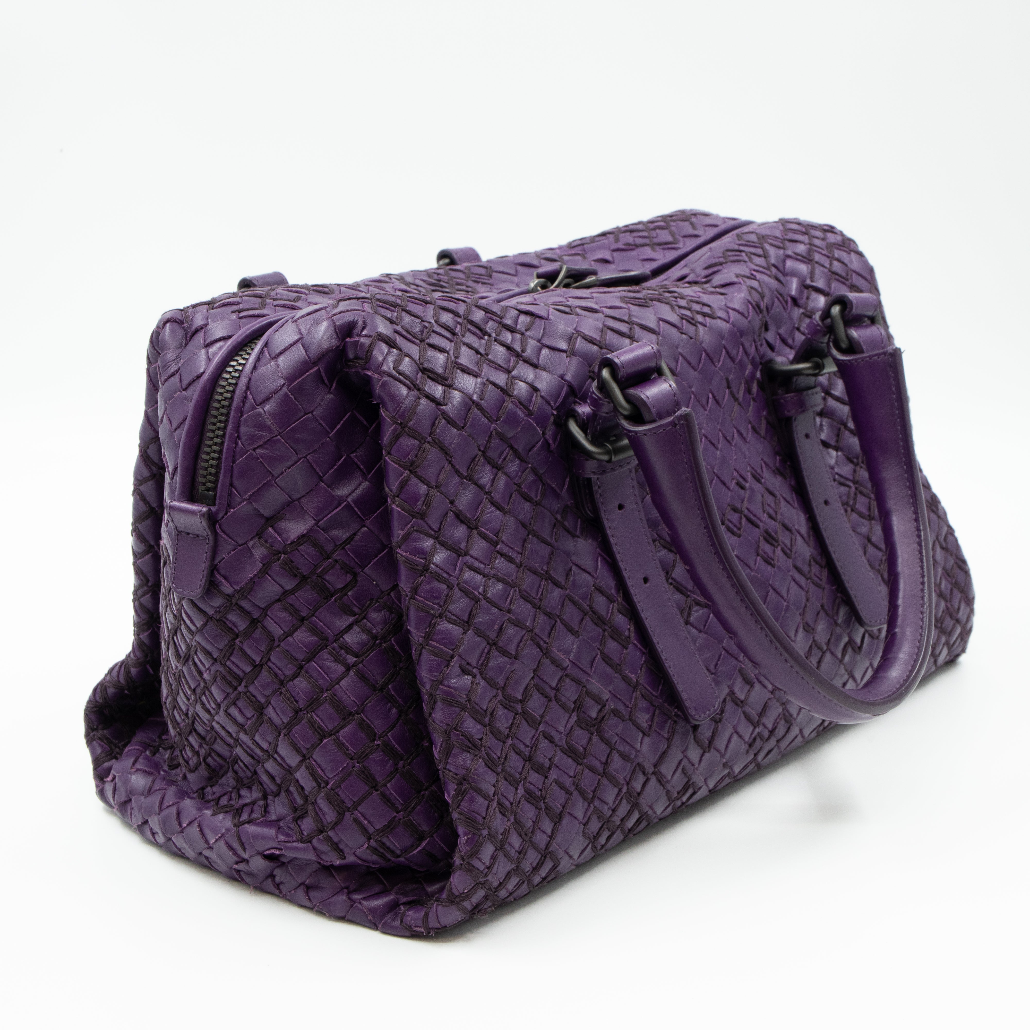Intrecciato Boston Bag Purple Stitched Leather