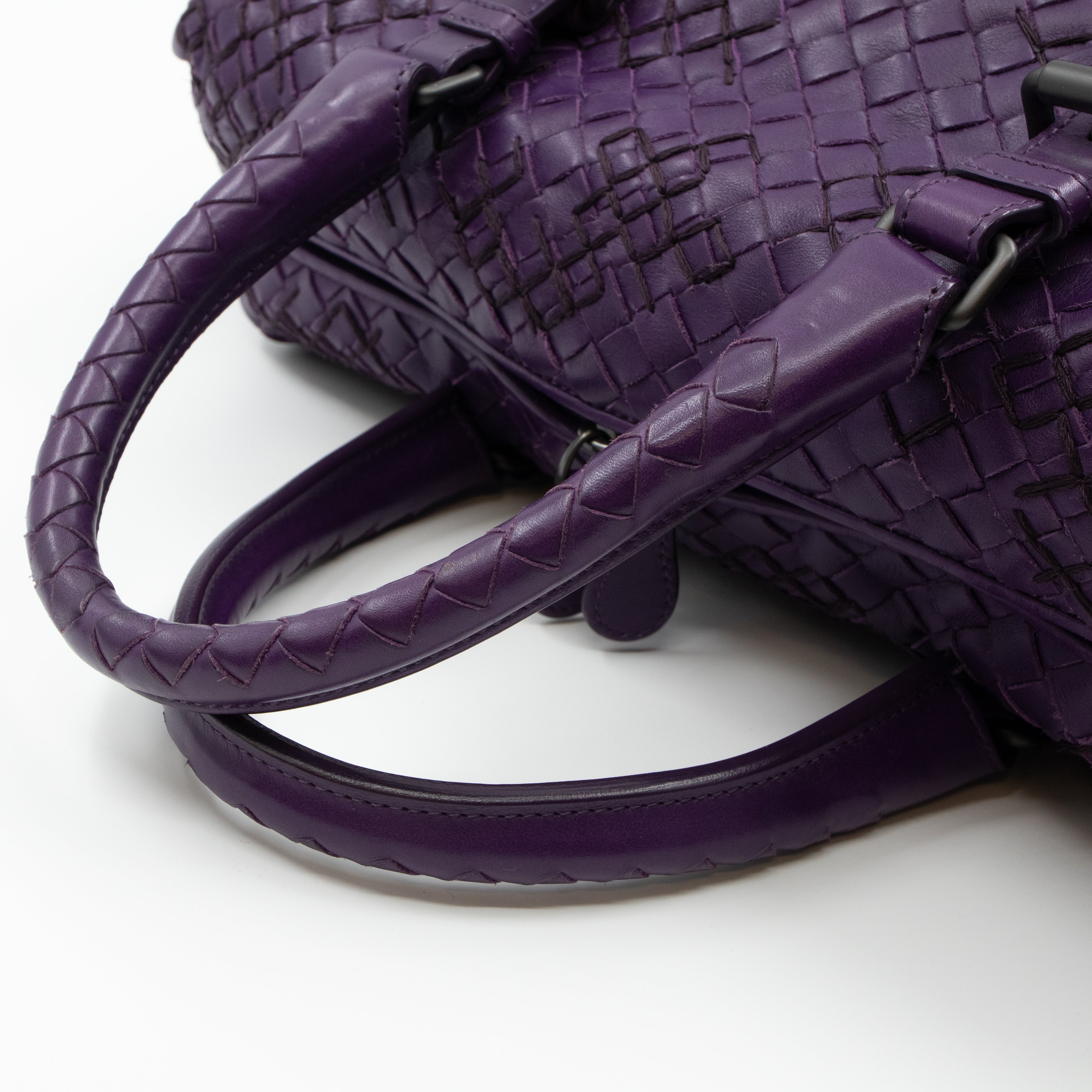 Intrecciato Boston Bag Purple Stitched Leather