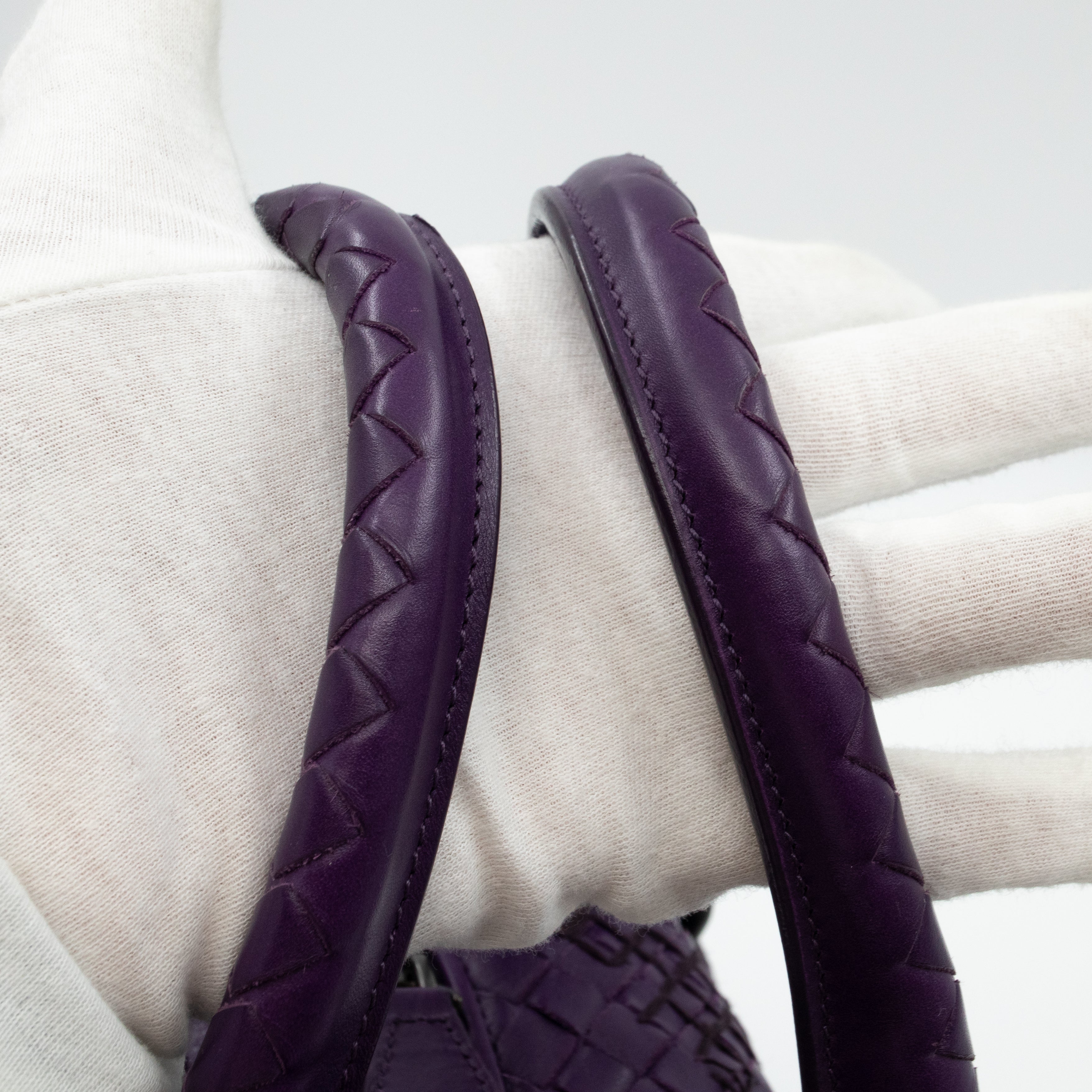 Intrecciato Boston Bag Purple Stitched Leather