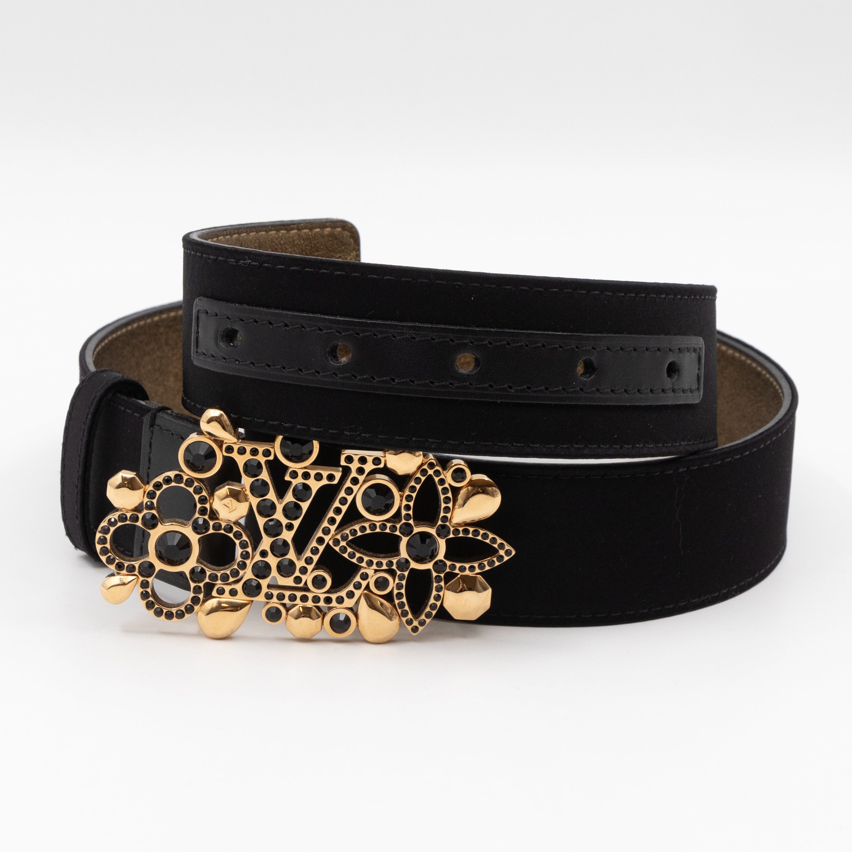 Black Satin Rhinestone Fleurs Runway Belt 85 cm 34 mm