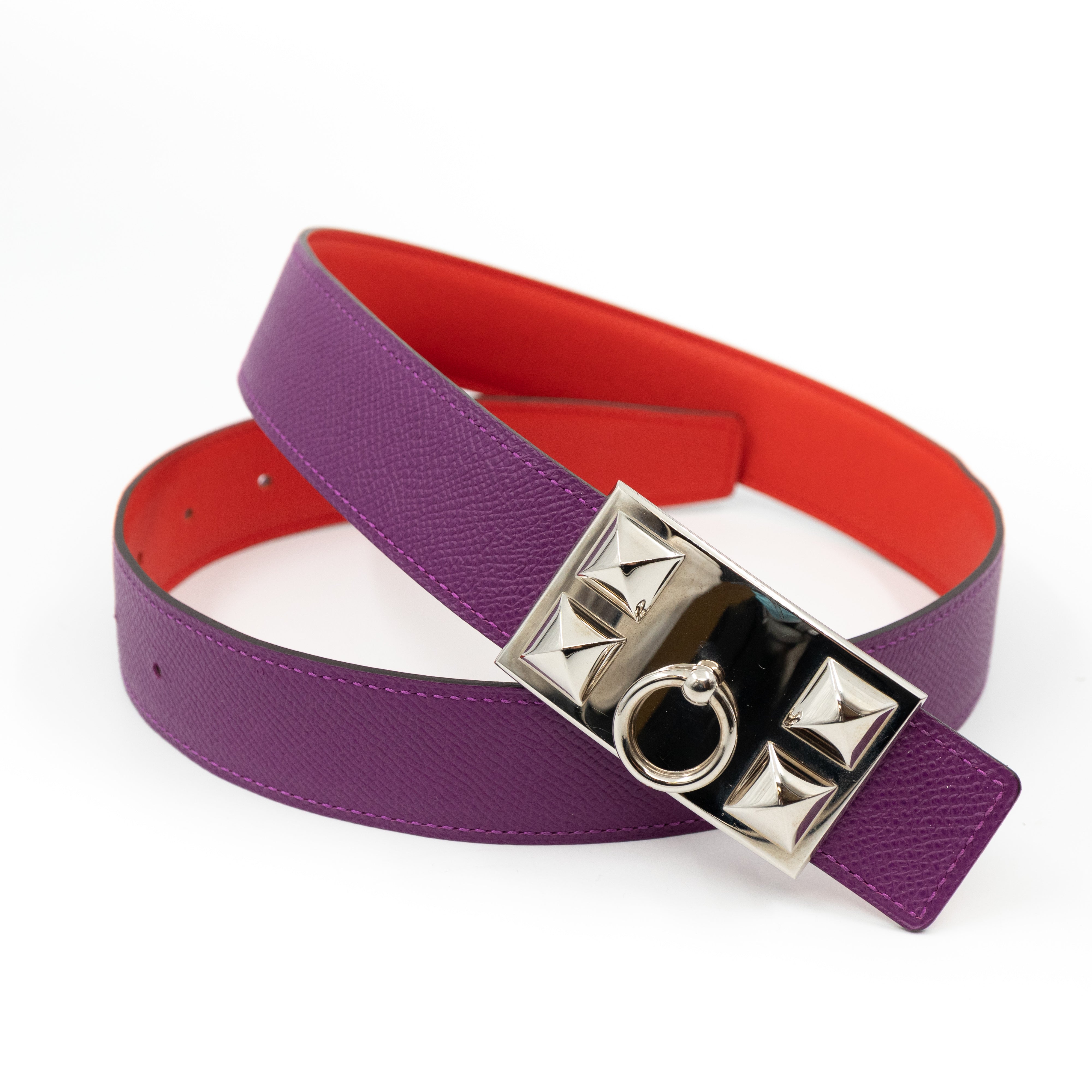 Collier de Chien Buckle & Reversible Red and Purple Leather Belt 75 cm