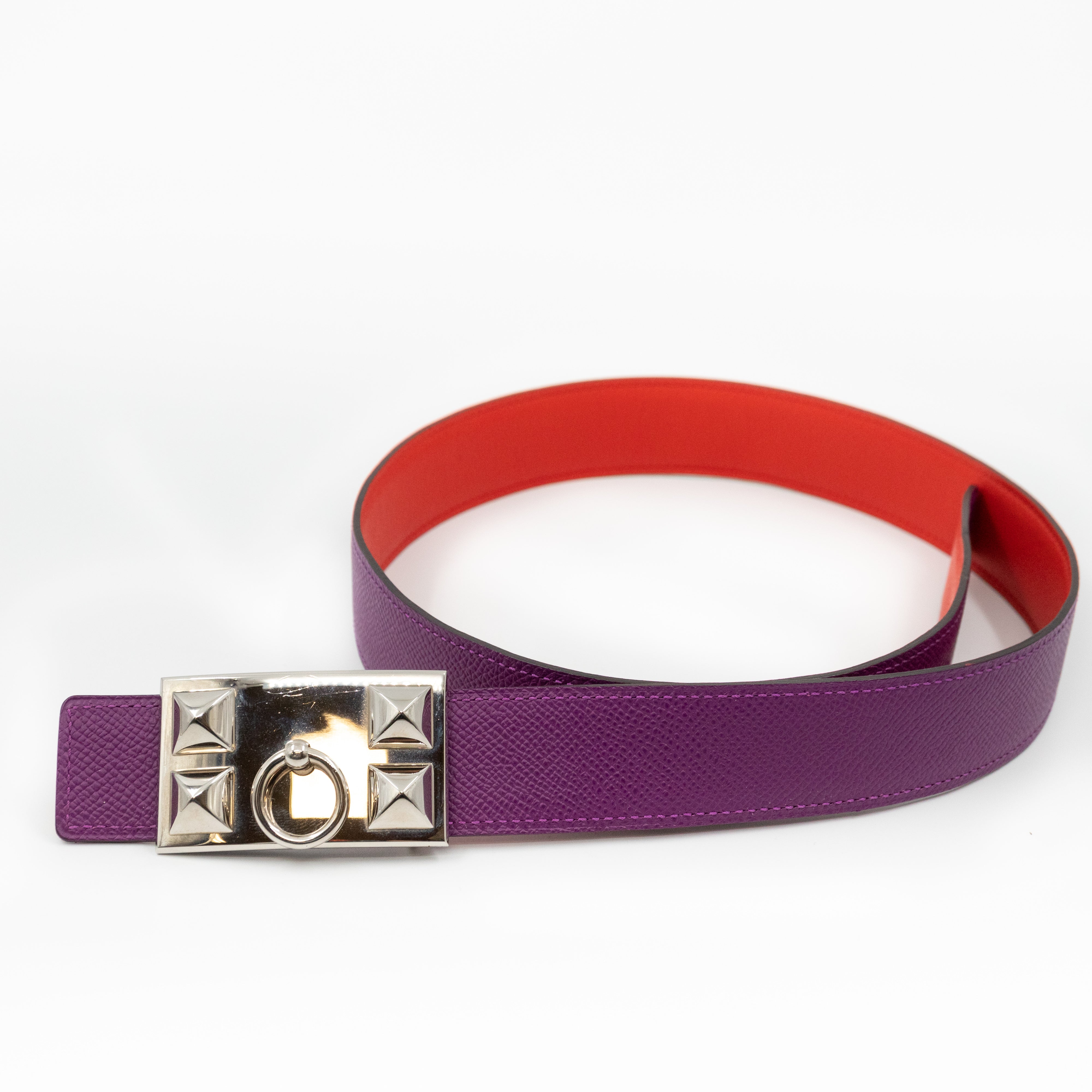 Collier de Chien Buckle & Reversible Red and Purple Leather Belt 75 cm