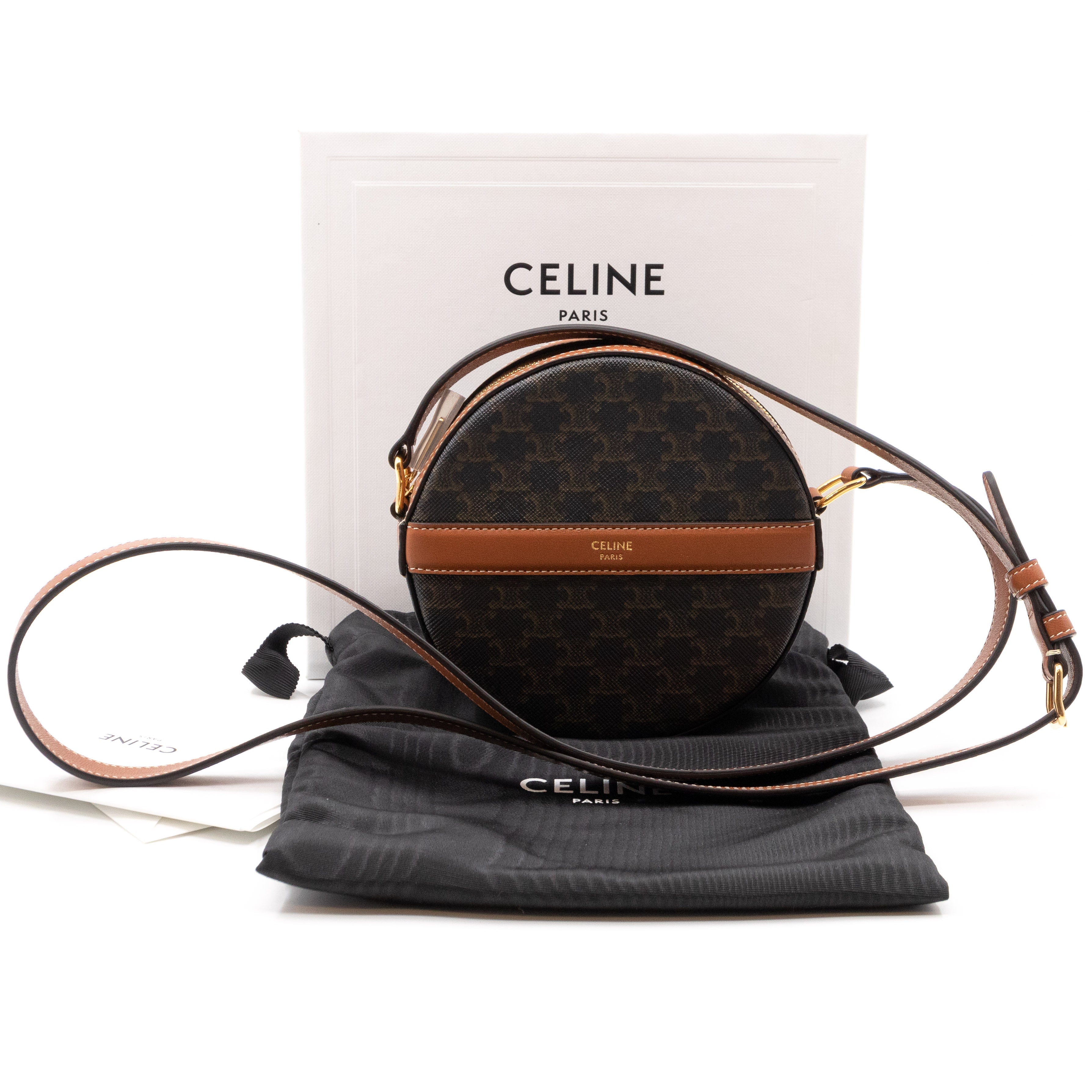 Celine Round Purse On Strap Black Triomphe Canvas Tan Leather