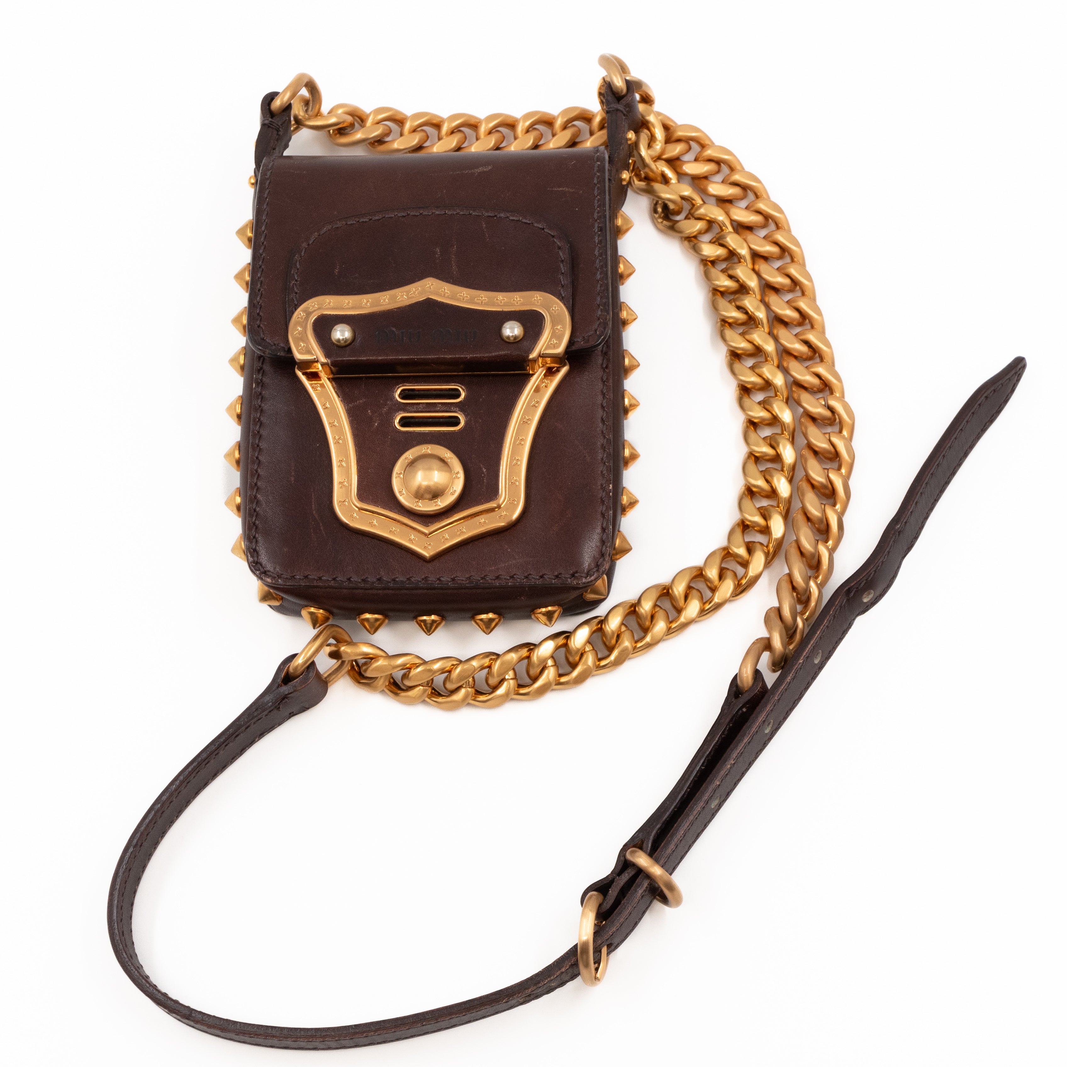 Studded Crossbody Phone Bag Brown Leather