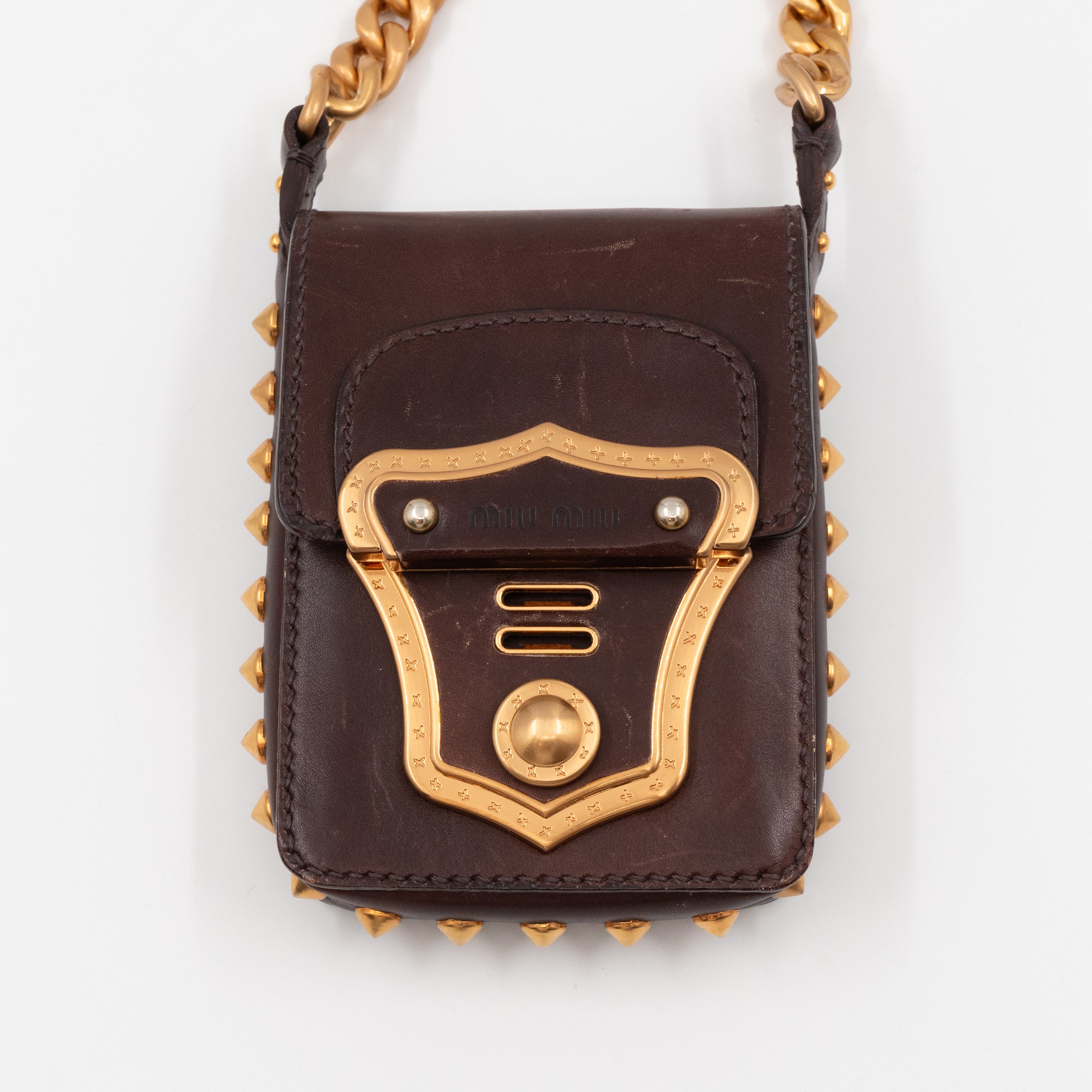 Studded Crossbody Phone Bag Brown Leather