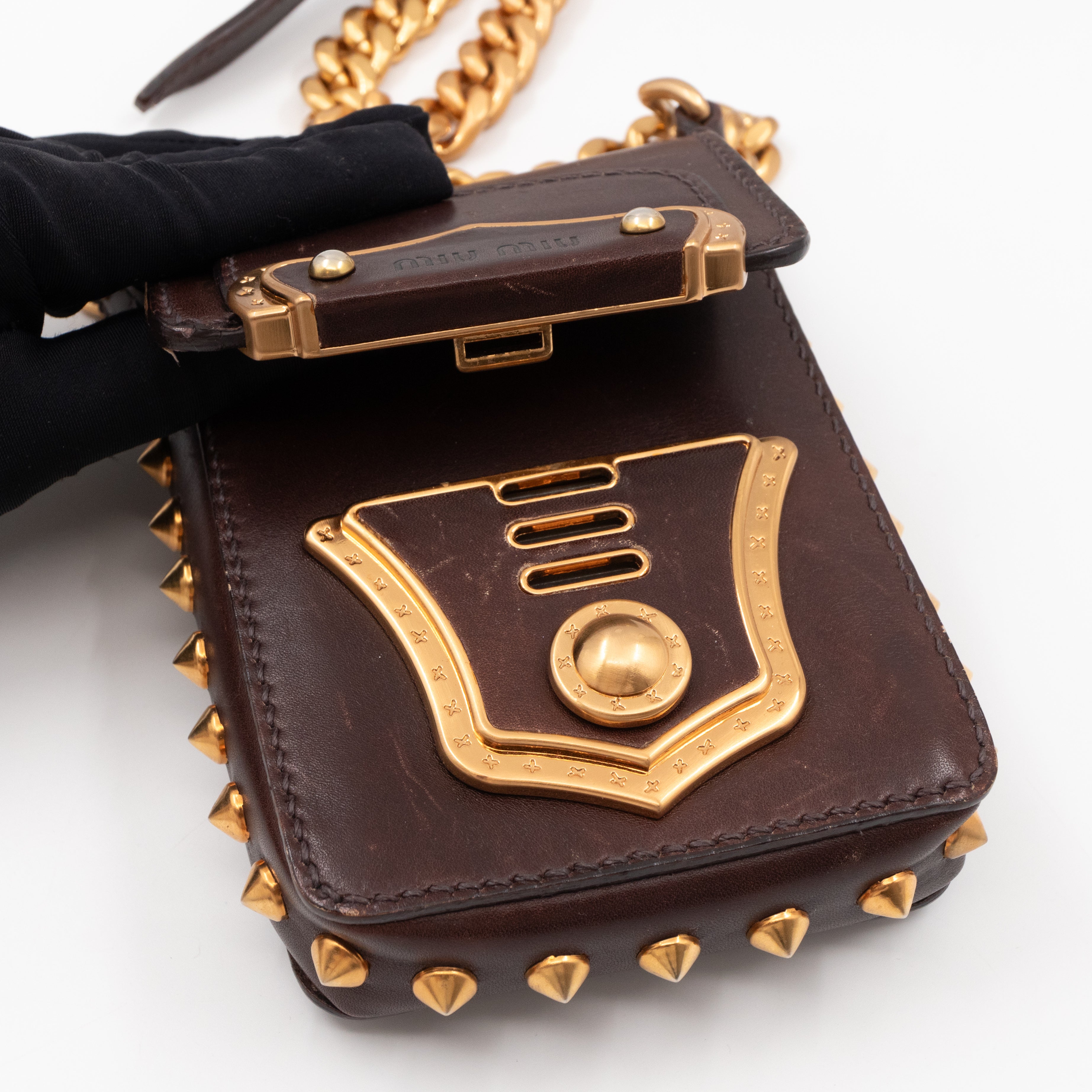 Studded Crossbody Phone Bag Brown Leather