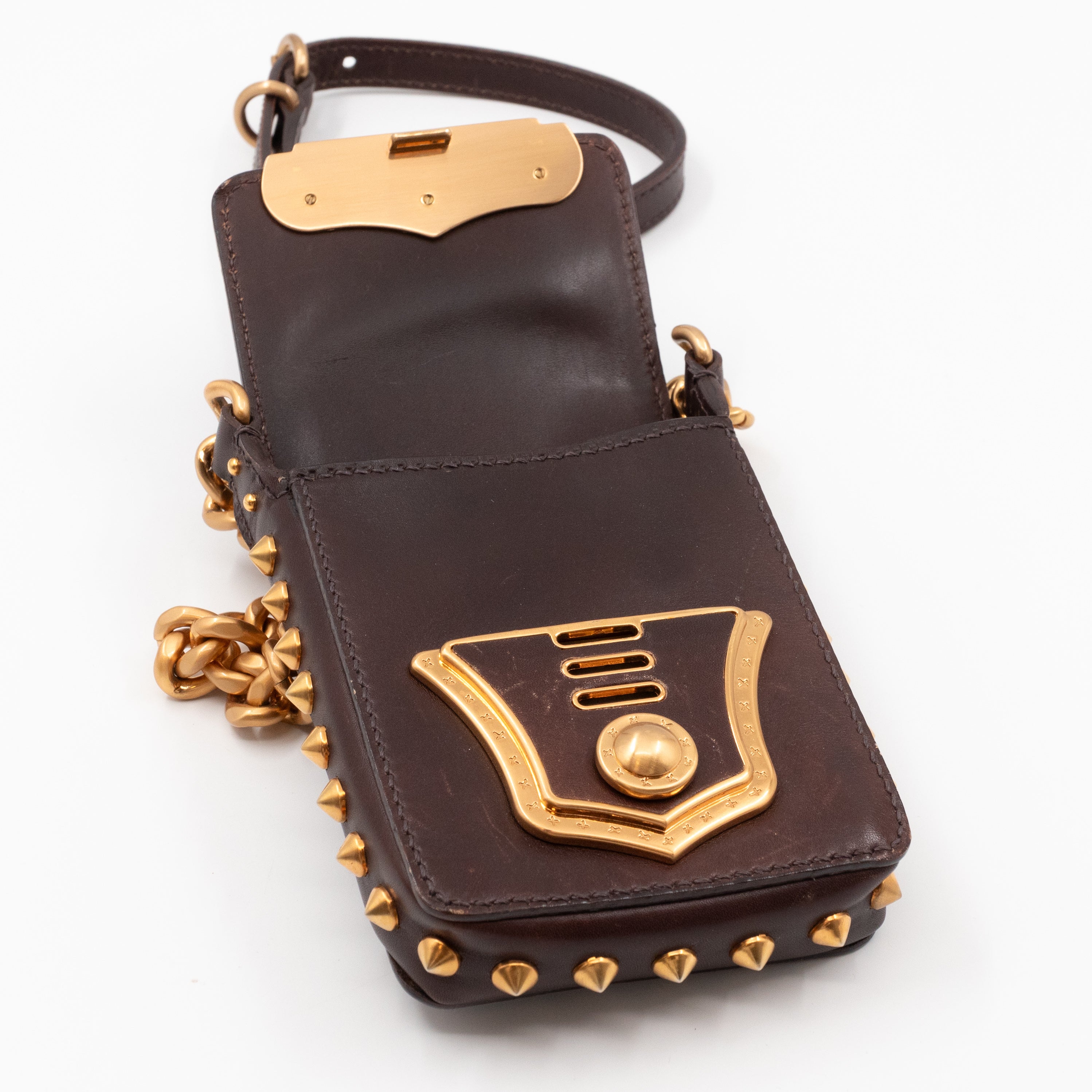 Studded Crossbody Phone Bag Brown Leather