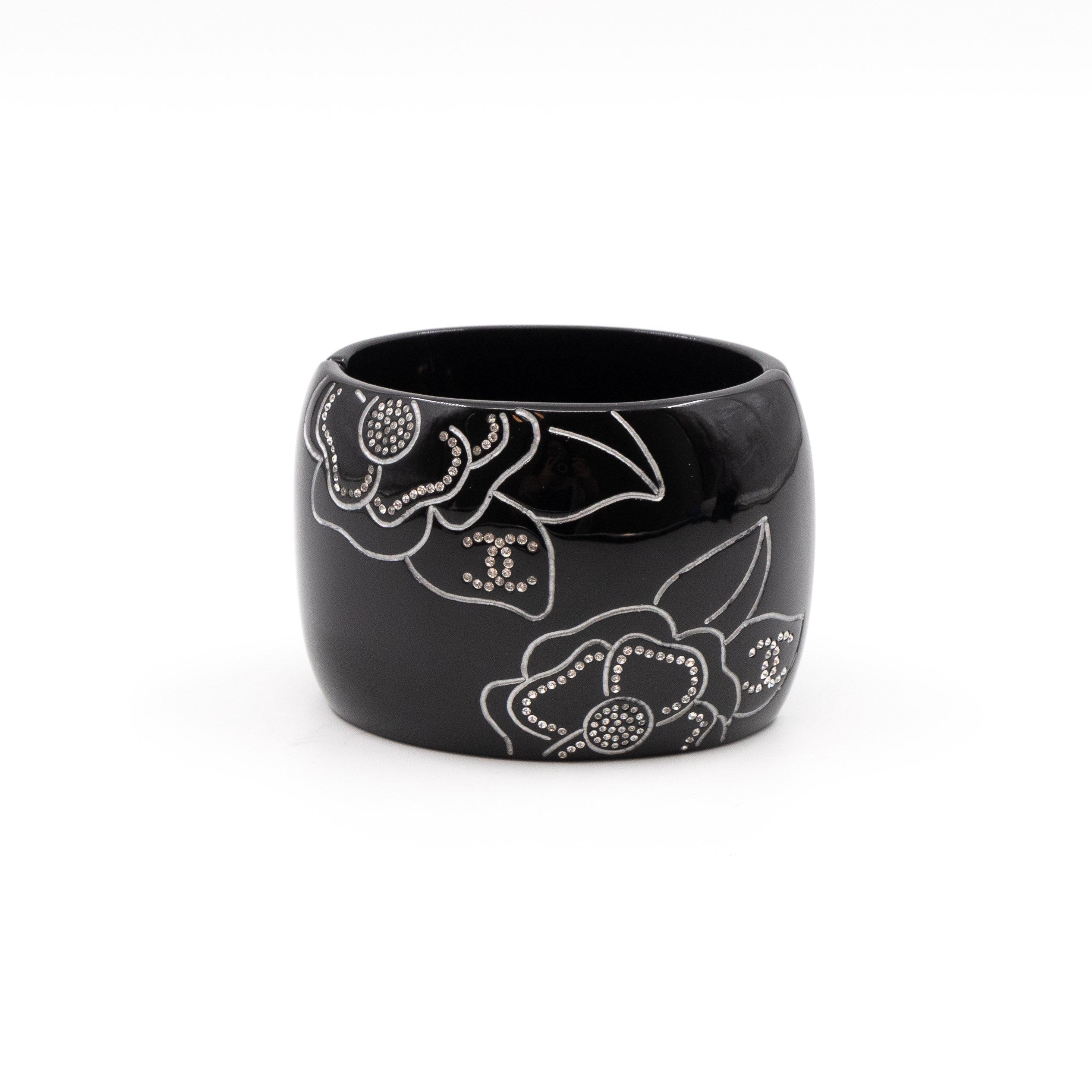 Crystal Camelia Cuff Bracelet Black Silver