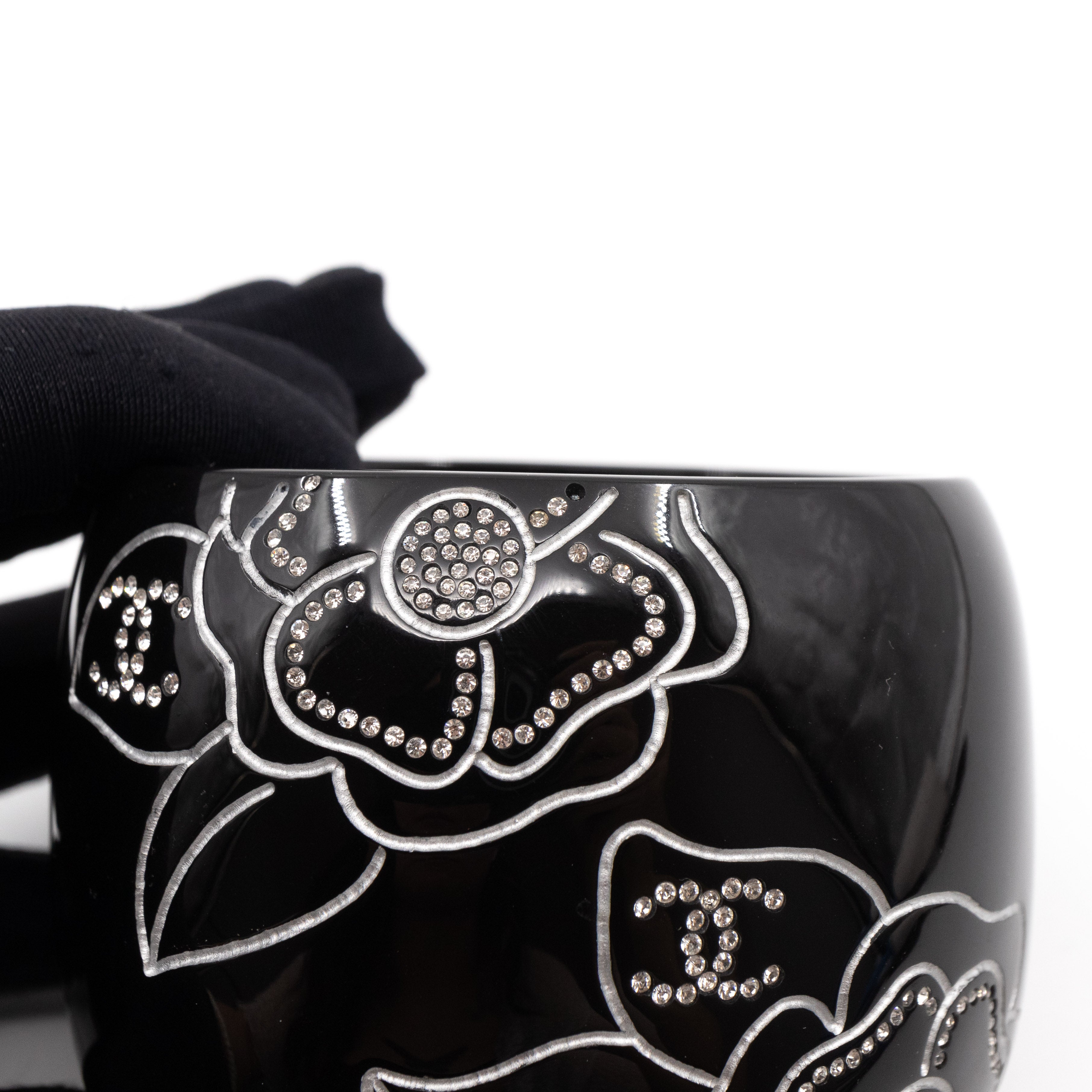 Crystal Camelia Cuff Bracelet Black Silver