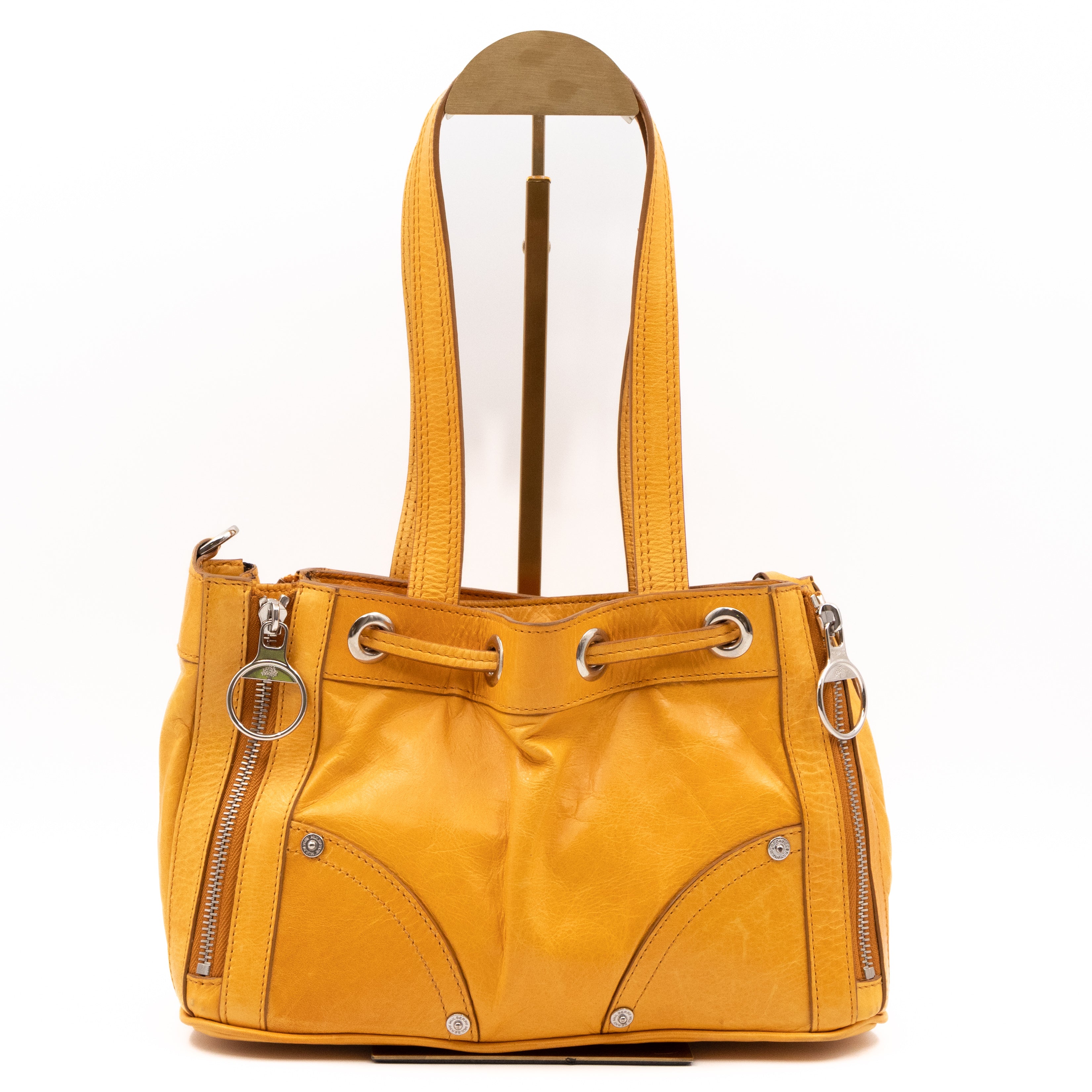 Small Poppy Shoulder Bag Zippers Yellow Antique Leather