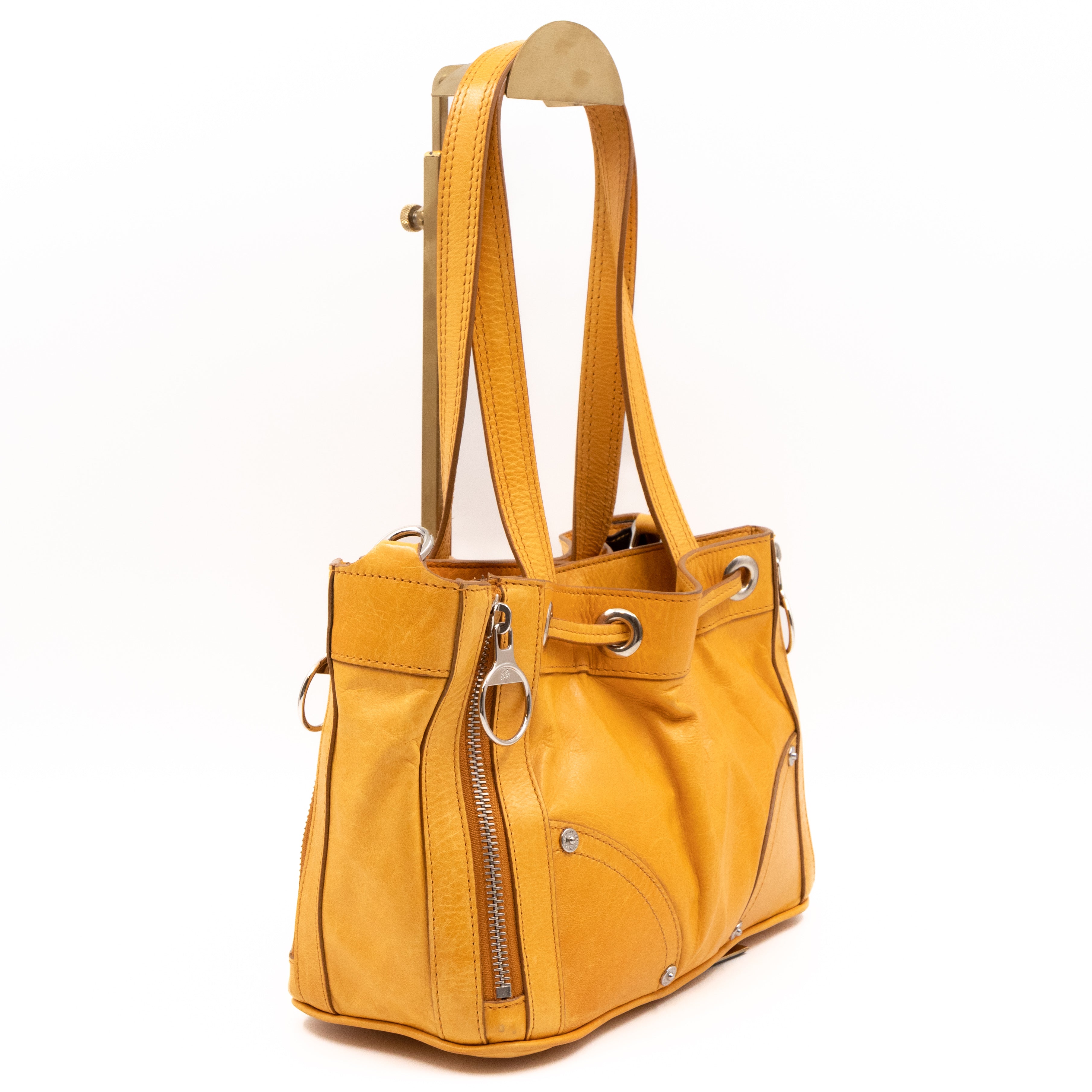 Small Poppy Shoulder Bag Zippers Yellow Antique Leather