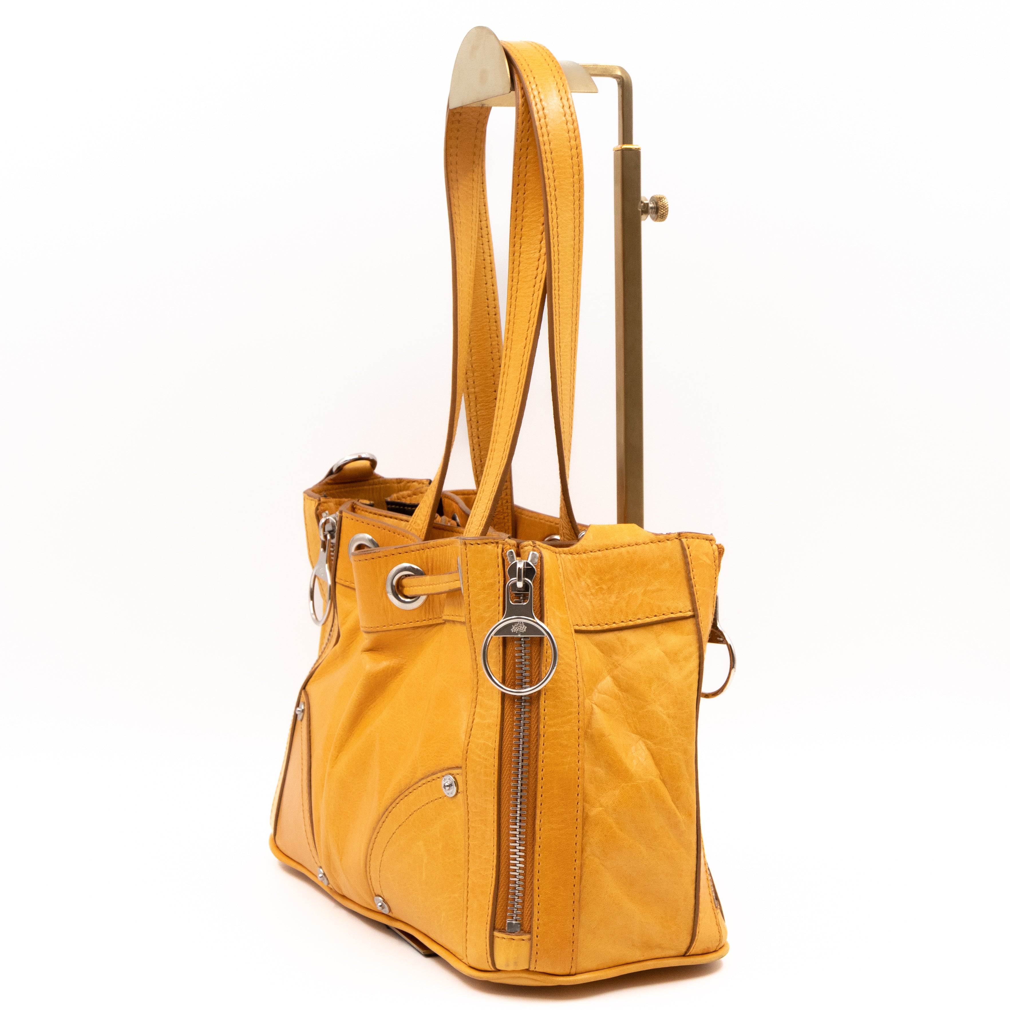 Small Poppy Shoulder Bag Zippers Yellow Antique Leather