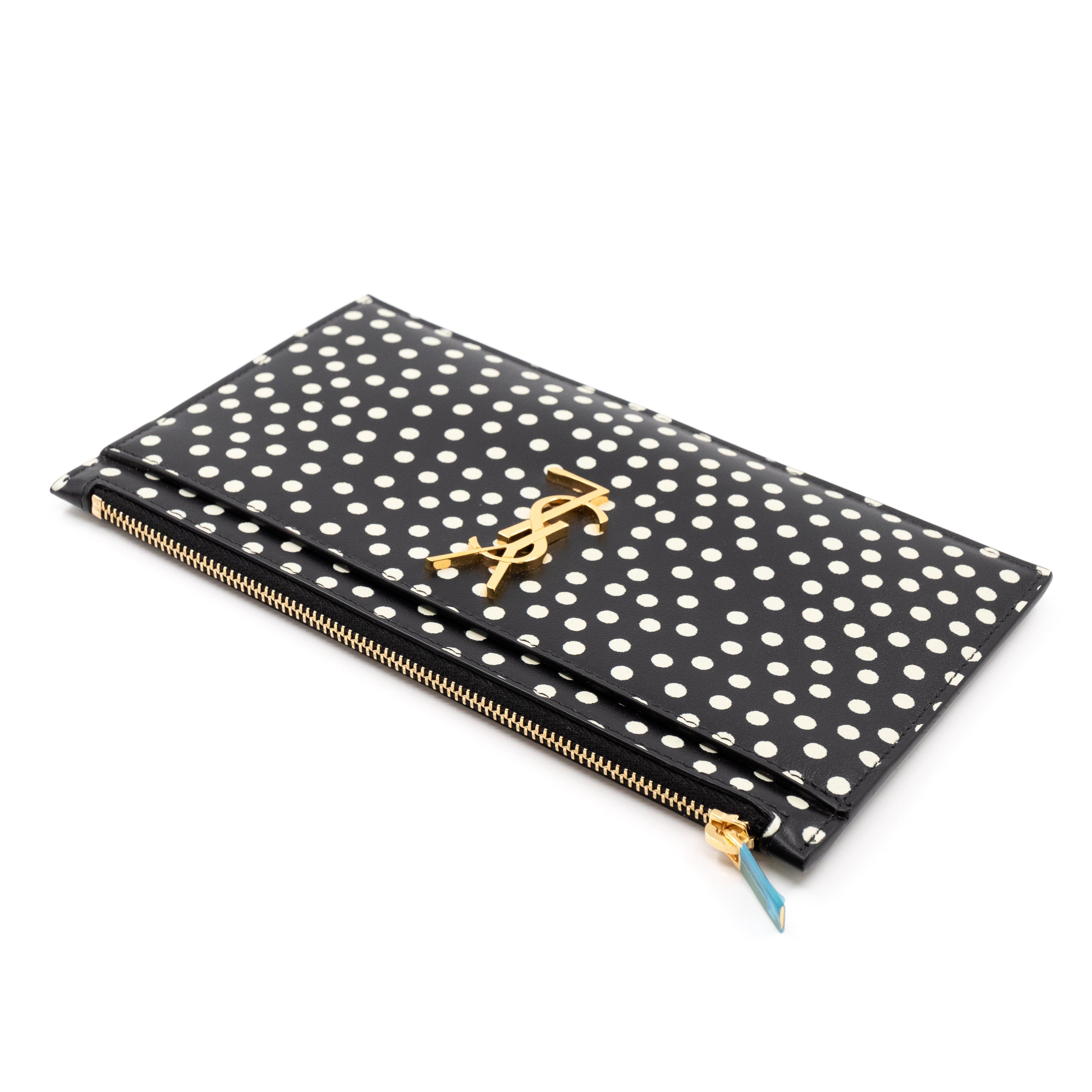 Monogram Zipped Pouch Black Leather Polka Dot