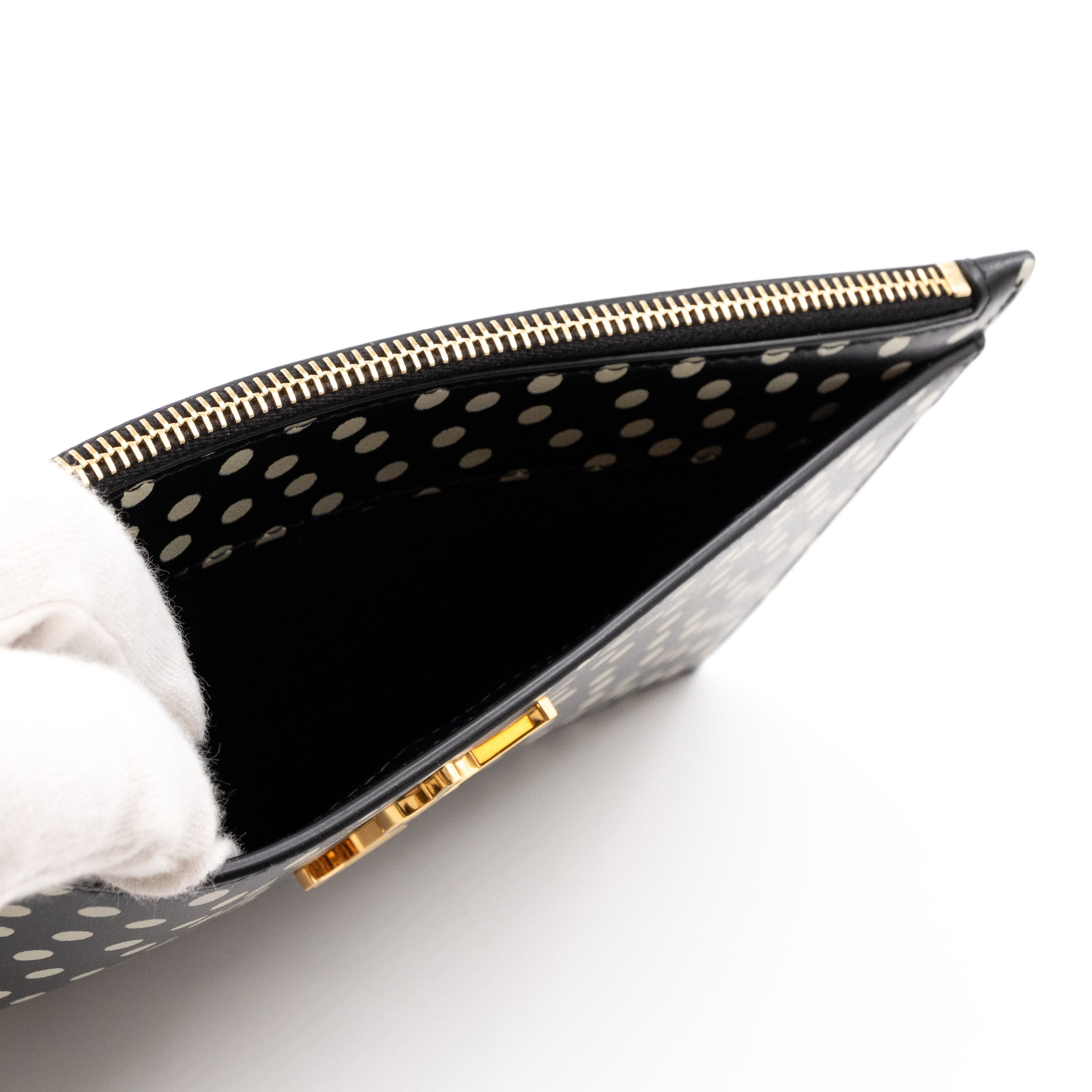 Monogram Zipped Pouch Black Leather Polka Dot
