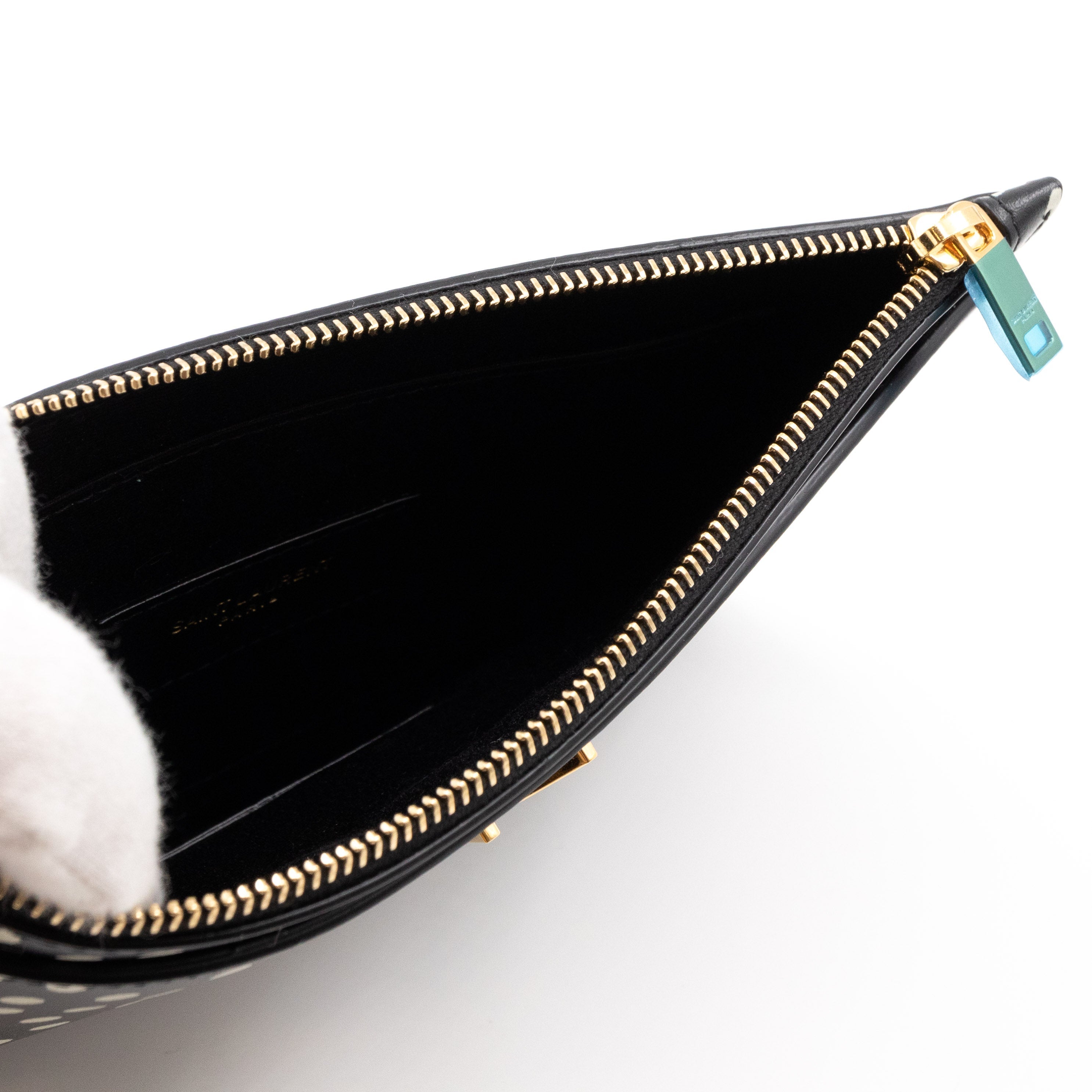 Monogram Zipped Pouch Black Leather Polka Dot