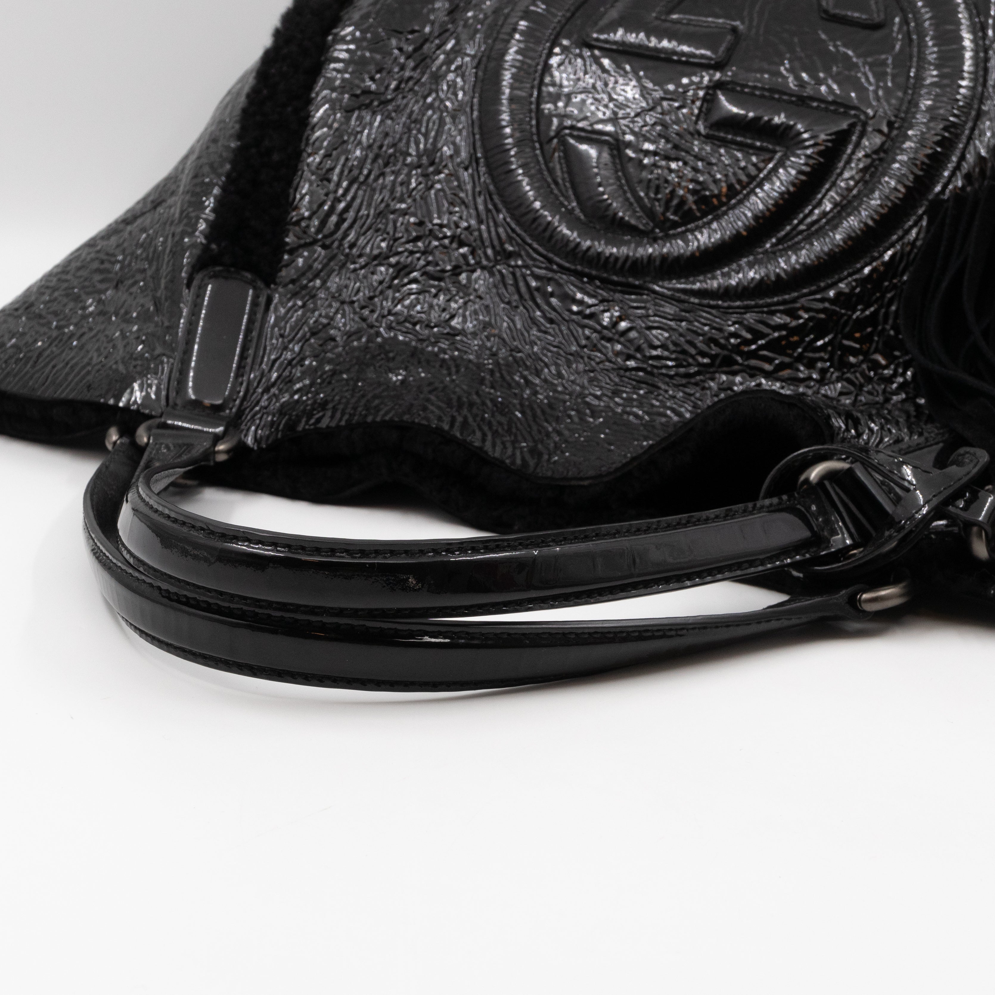 Soho Tote Wool Shearling Crushed Black Patent Leather