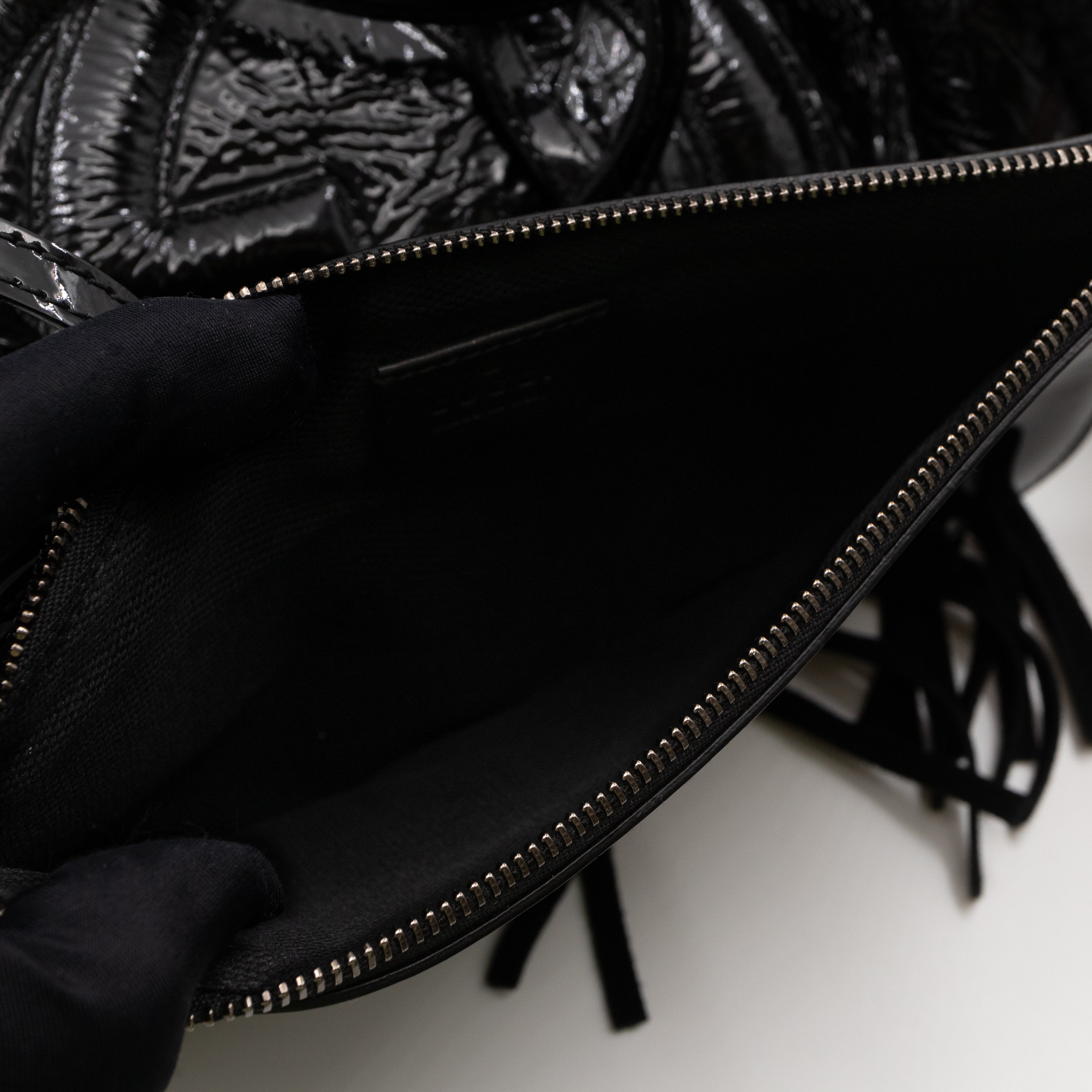 Soho Tote Wool Shearling Crushed Black Patent Leather