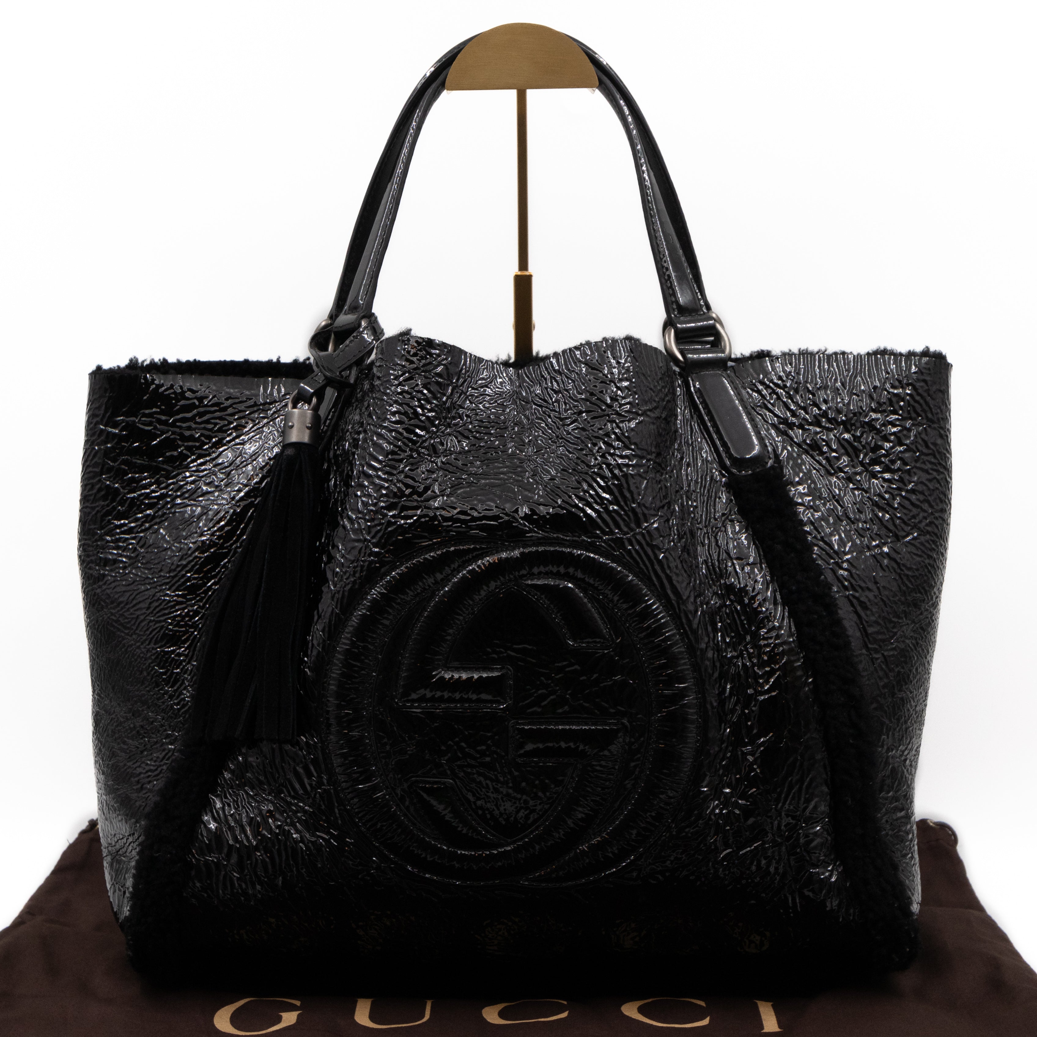 Soho Tote Wool Shearling Crushed Black Patent Leather